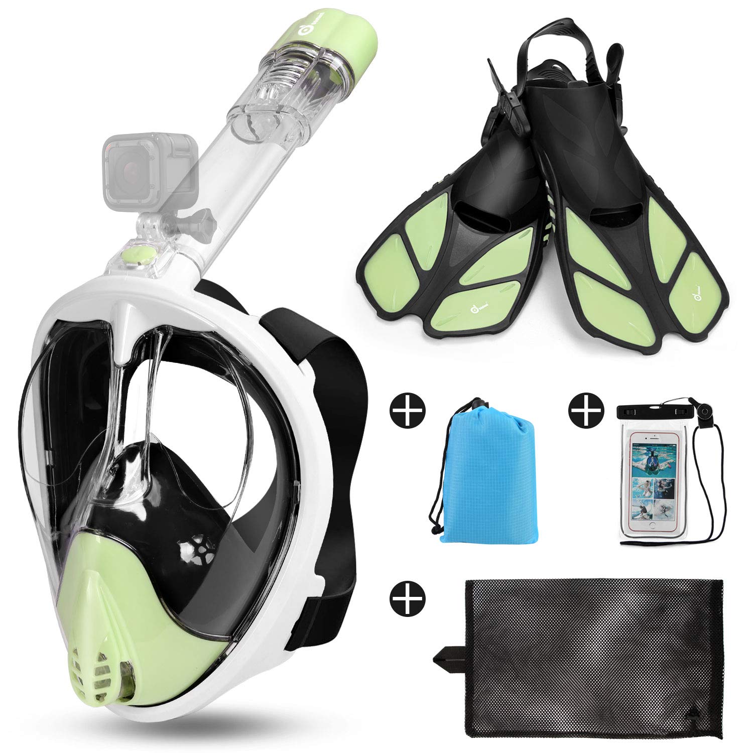 Odoland 5-in-1 Snorkeling Packages, Full Face Snorkel Mask with Adjustable Swim Fins, Lightweight Backpack and Waterproof Case, Anti-Fog Anti-Leak Snorkeling Masks Gear for Men Women