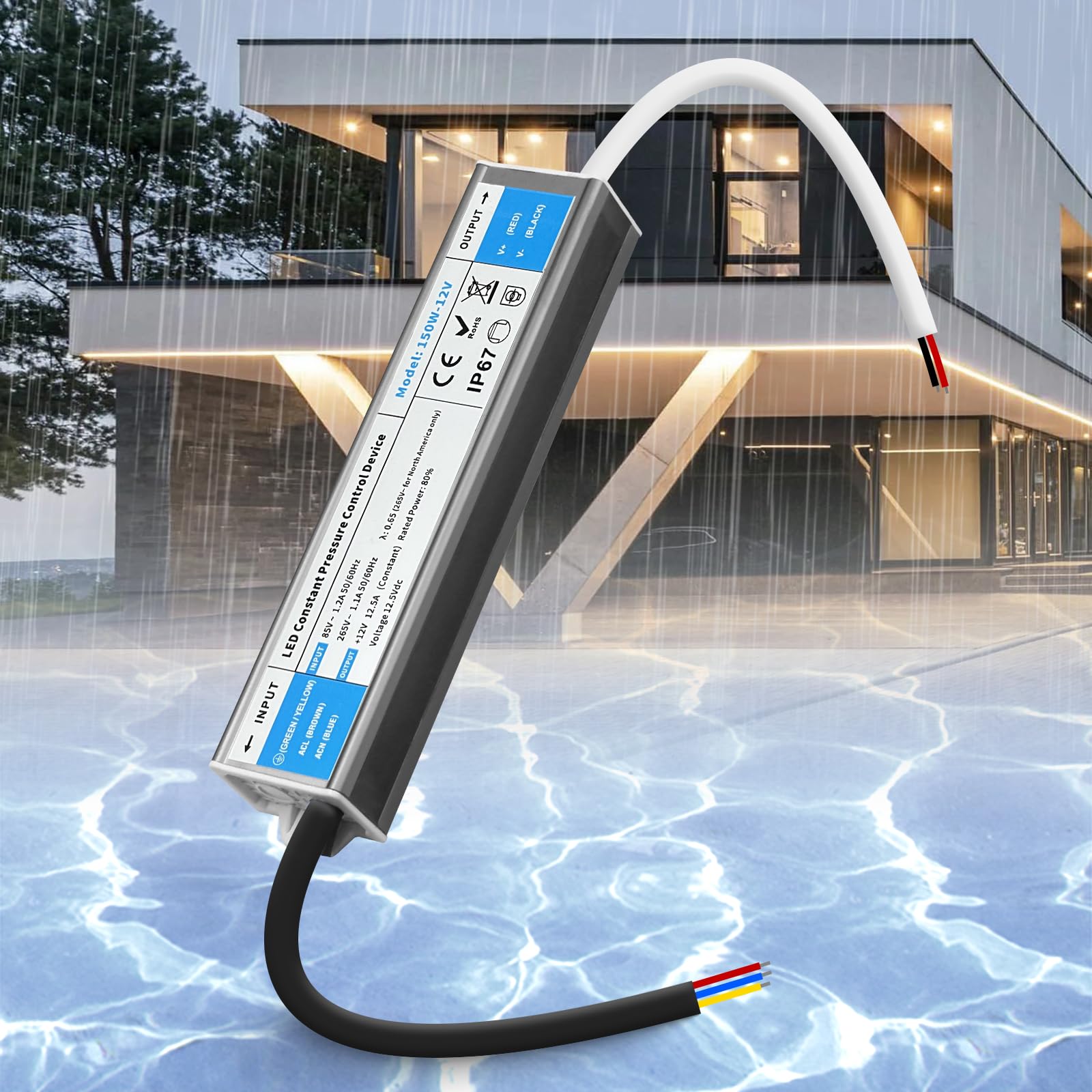 SUCIKORIO 12V 150W LED Driver Waterproof IP67, Ultra Slim LED Transformer 240V AC to 12V DC 12.5A 150 Watt Quiet Low Volt Converter LEDs Power Supply Constant Voltage For LEDs Strip, Indoor & Outdoor