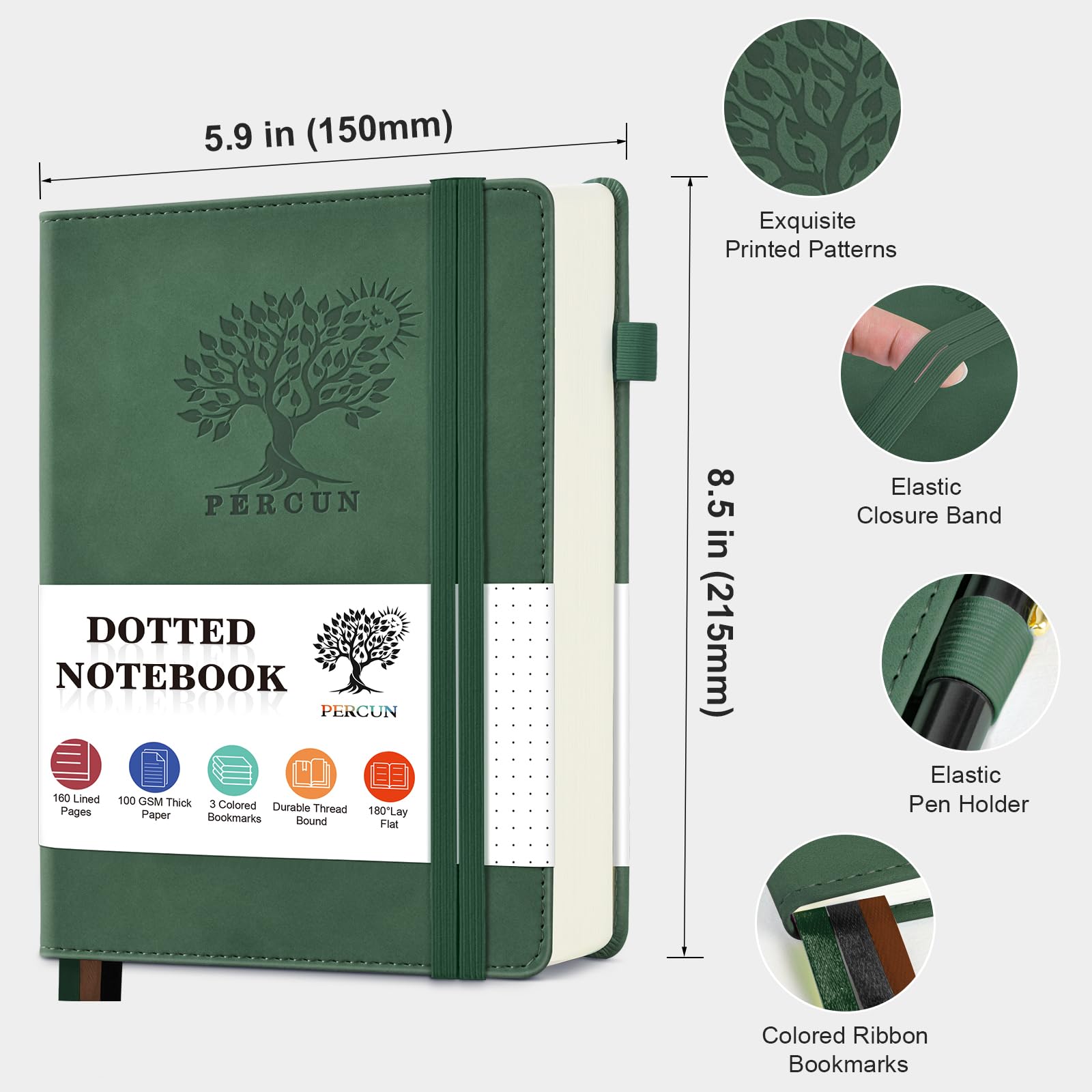 PERCUN Gepunktetes Tagebuch, Notizbuch für Damen und Herren, 160 Seiten, Punktraster, A5, Hardcover, Leder, Bullet Journaling für Schreiben, Arbeit, Schule, Reisen, Tagesplaner, 15 x 21,6 cm (grün)