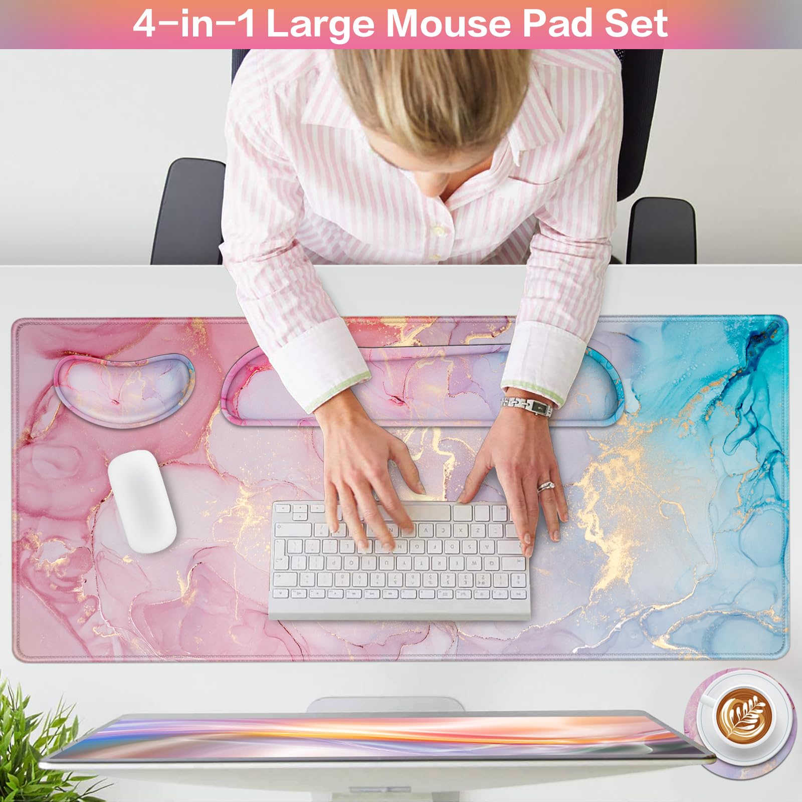 Tappetino Per Mouse Grande Con Supporto In Memory Foam E Sottobicchiere, Design Nuvole Rosa, 33x22,5x3 Cm, Ergonomico Per Ufficio E Casa - 3