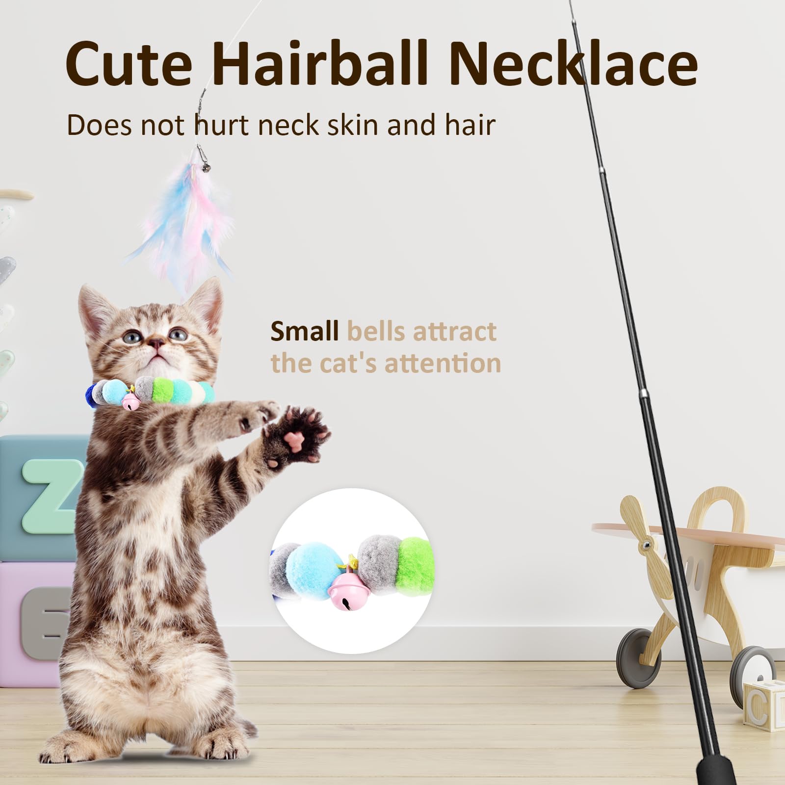 GeeRic Interactive Cat Teaser Toys Set, 14PCS Feather Toys & Furry Caterpillar Toys with Choker, Flexible Poles - Image 4