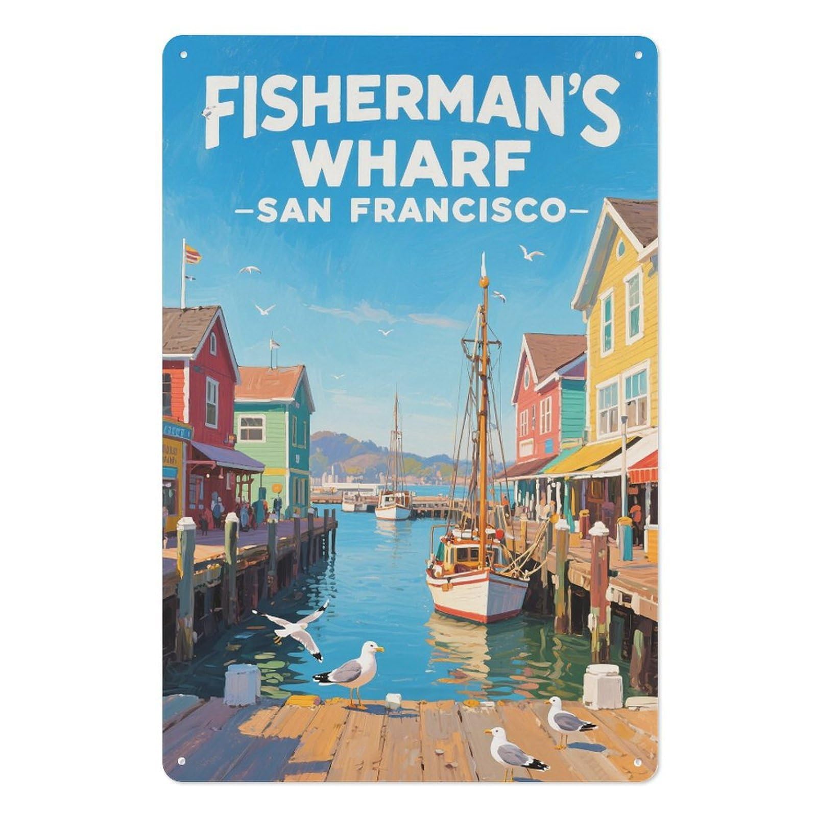 Fisherman's Wharf Retro Design Tin Paintings Vintage Tin Sign 08x12inch(20x30cm) Wall Art for Home Office Bedroom Living Room Cafes Wall Decor