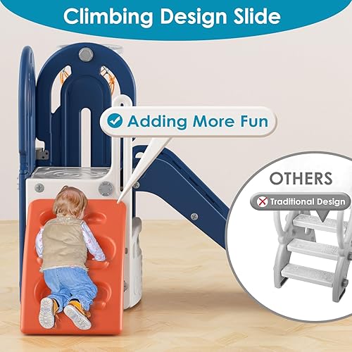 Miniatura 4 de BIERUM Tobogán 4 en 1 para niños pequeños, tobogán temático de escalada para bebés de 1 a 3 años con aro de baloncesto y pelota, tobogán para niños,