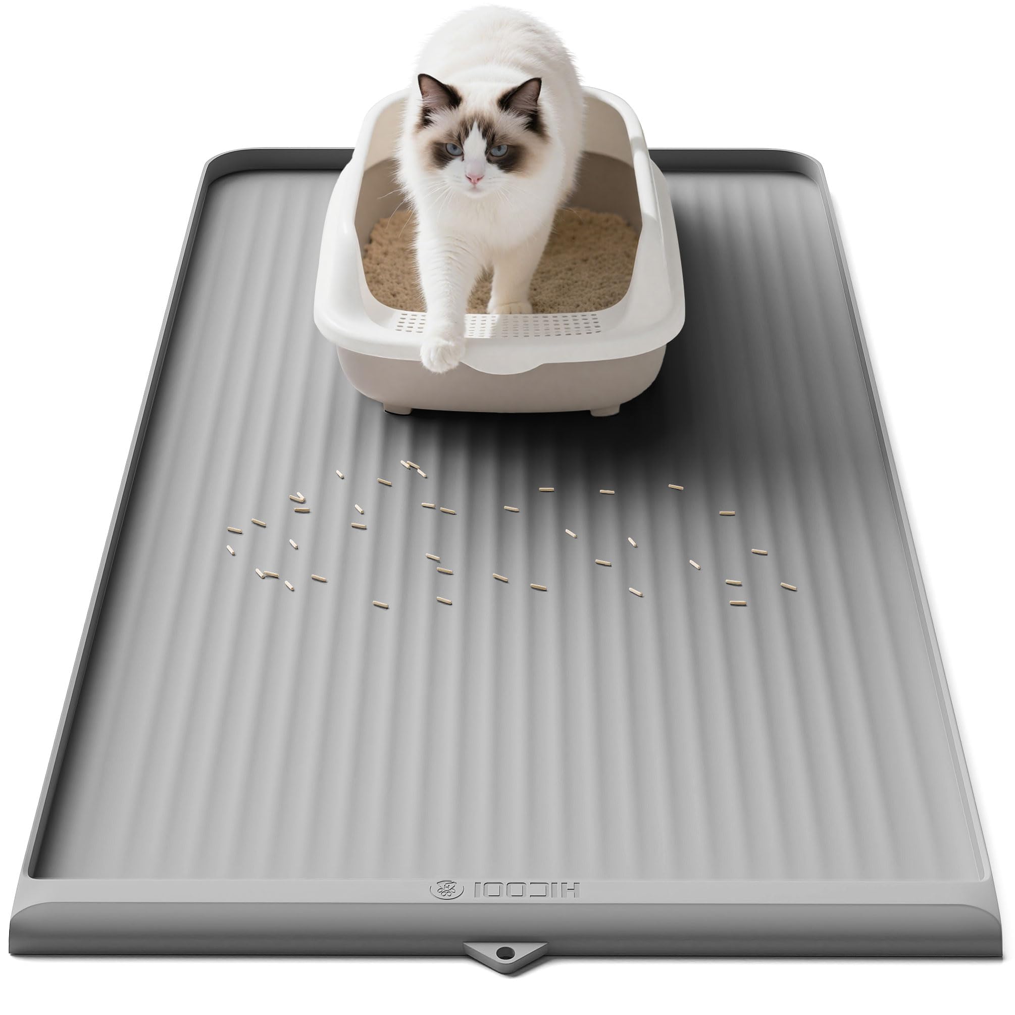 Cat Litter Mat 36x24 Inch, Silicone Litter Box Mat with Raised Edge and Diversion Groove, Waterproof Litter Trapping Mat, Easy to Clean Cat Mat for Litter Box, Grey