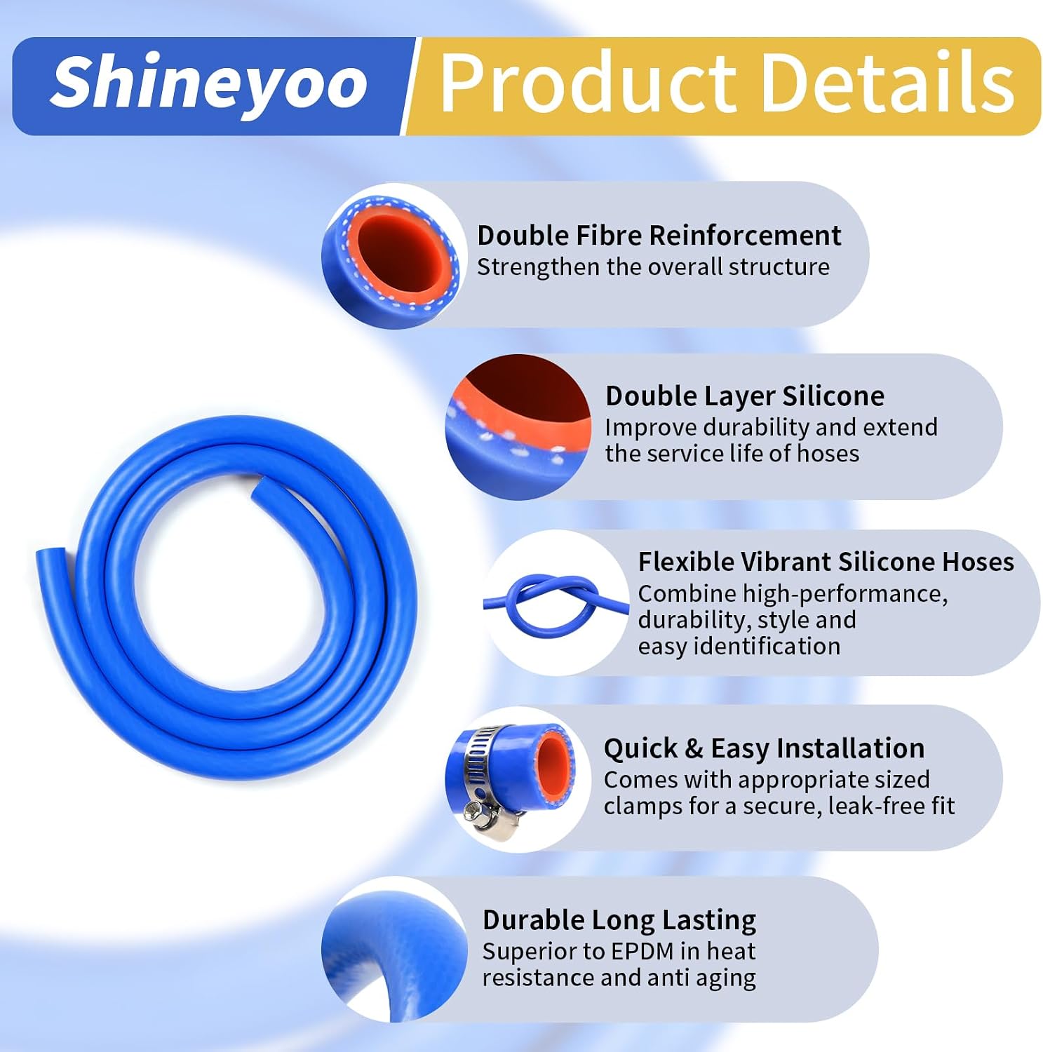 Shineyoo Silicone Heater Hose & Silicone Radiator Hose - Car Heater Hose 1/2" 5/8" 3/4"ID with Clamps, Reinforced Coolant Line for Vehicle Cooling Systems/Coolant Radiator Heater System 5FT 3PCS
