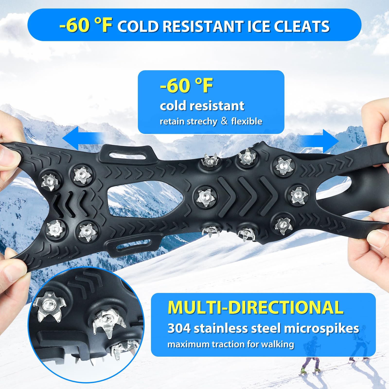 SYOURSELF Ramponi da ghiaccio per stivali invernali, ramponi antiscivolo per stivali da camminata, tacchetti di trazione per neve e ghiaccio, per bambini, donne, uomini, pesca, corsa, escursionismo