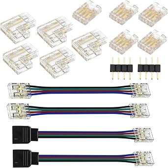 10mm Solderless FCOB COB RGB LED Strip Light Connectors Kit - 4 Pin, Transparent, Gapless, Extendable with Dual-Ends & Plug Extensions, Compatible Only with 10mm COB Strips 4pin cob kit