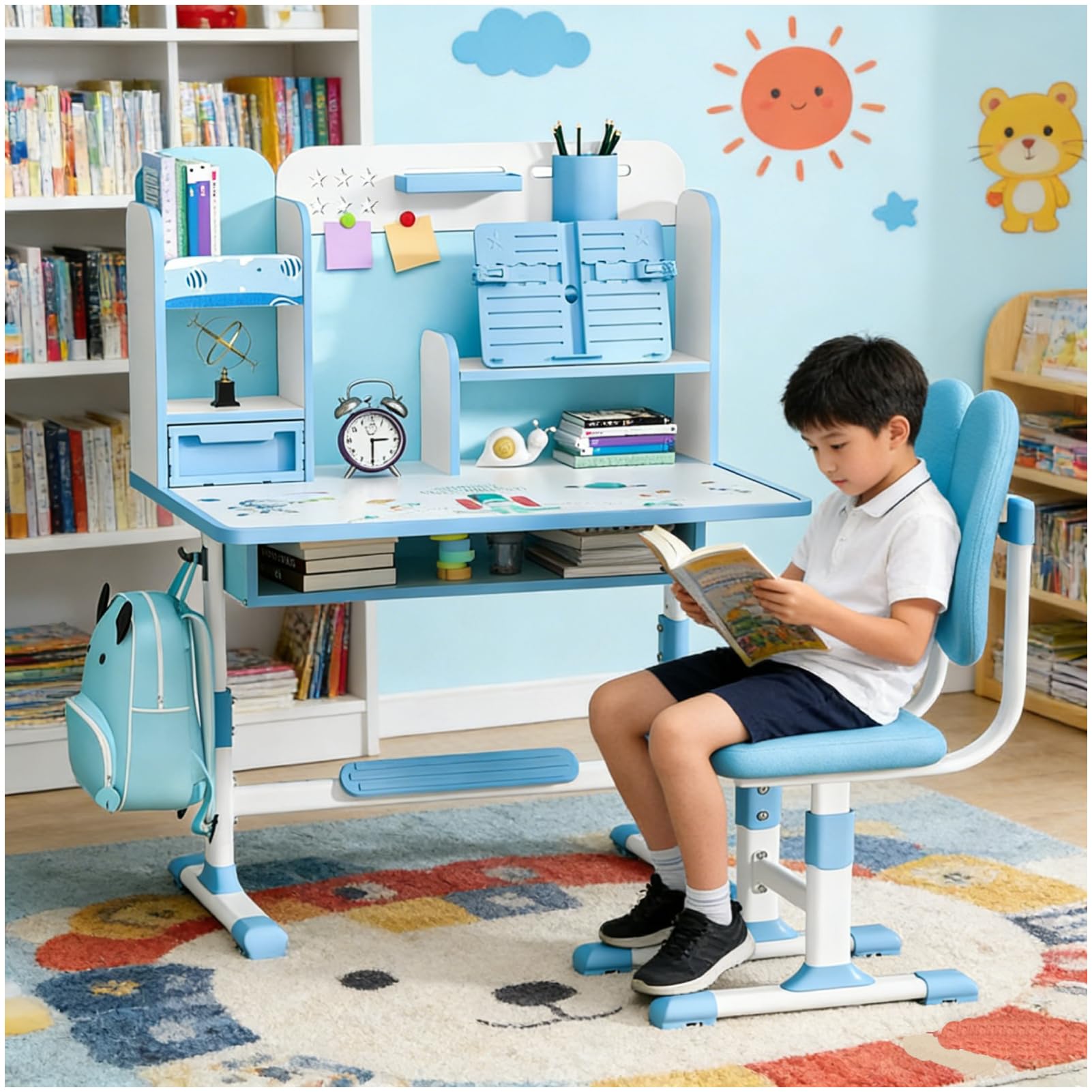 Kids Desk and Chair Set for 3-12, Adjustable Height Study Table Chair with Storage Drawers, Bookstand, Widened Desktop, Ergonomic Desk Chairs for Boys Girls (Blue)