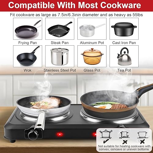 Miniatura 5 de KOCASO Placa de cocción de doble quemador infrarrojo de 2000 W, superficie de vidrio de 7.5 pulgadas y 6.3 pulgadas, control de temperatura continuo