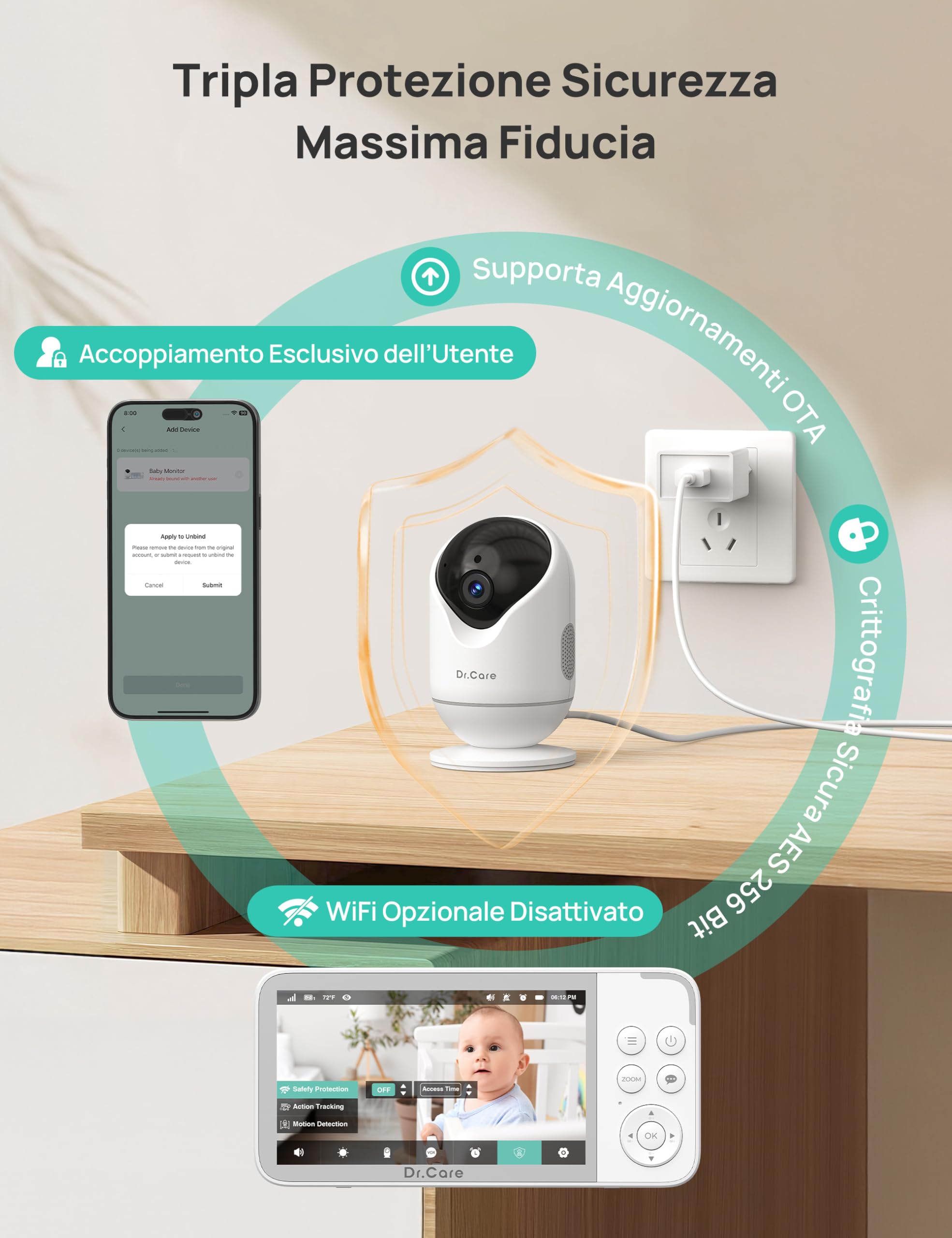 Dr.Care VistaView Baby Monitor Video e Audio con 2 Fotocamere Smart WiFi, 5”1080P Schermo Diviso, Telecamera 2K/3MP, Batteria 5000mAh, Visione Notturna, Allarmi Pianto, Sicurezza Tripla, Portata 390m