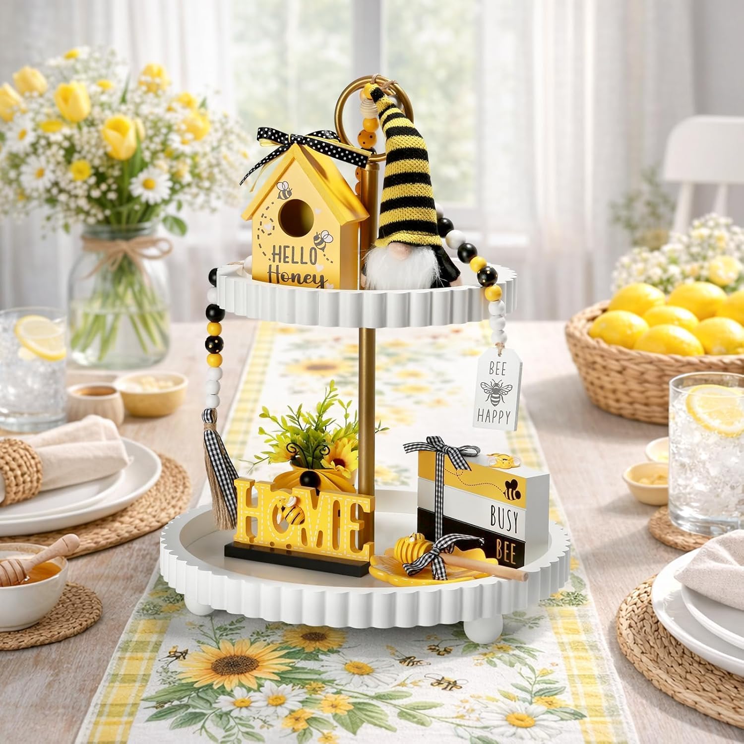 Spring Decorations 8 Pcs Bee Tiered Tray Decor Set, Summer Bumble Bee Décor for Kitchen Shelf Mantel Farmhouse Tabletop Spring Summer Decorations for Home Office Indoor Beehive Gnome Decorative Bundle