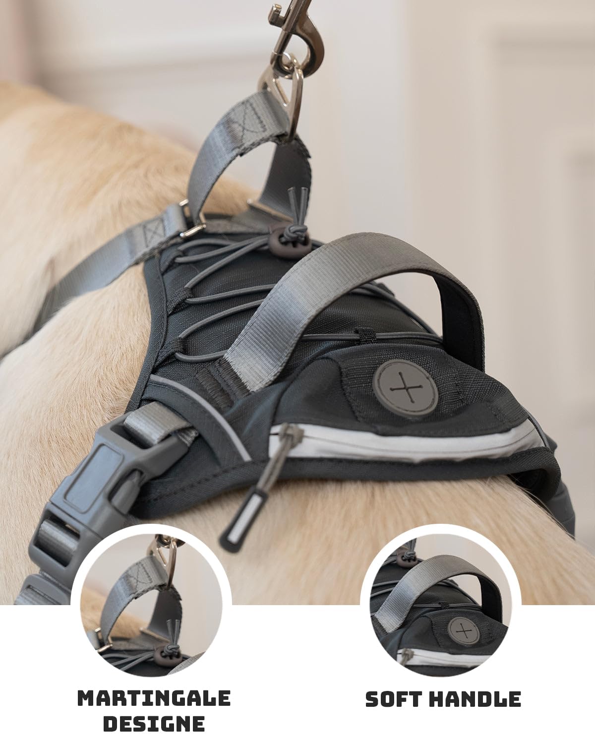 DF No Pull Martingale Dog Harness, Easy Walking & Escape Proof, Reflective & Adjustable Fit, No Twist Front Clip Harness with Handle and Zippered Pocket, Gray, 1", Chest 32"-42" - image 2