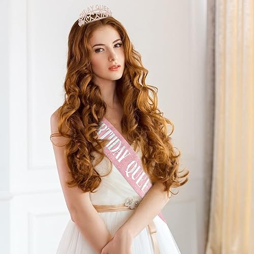 Miniatura 7 de CAVETEE Tiara y banda de diamantes de imitación de oro rosa, tiara de cumpleaños y banda, regalos de fiesta de cumpleaños, decoraciones de