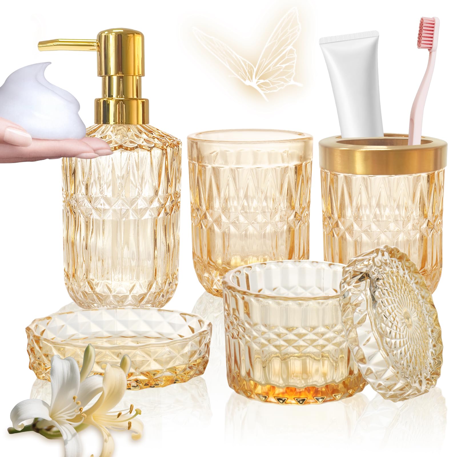 Lot de 5 accessoires de salle de bain en verre doré, distributeur de lotion, porte-savon, porte-brosse à dents, gobelet, cotons-tiges, décoration de salle de bain pour salle de bain moderne, cadeau