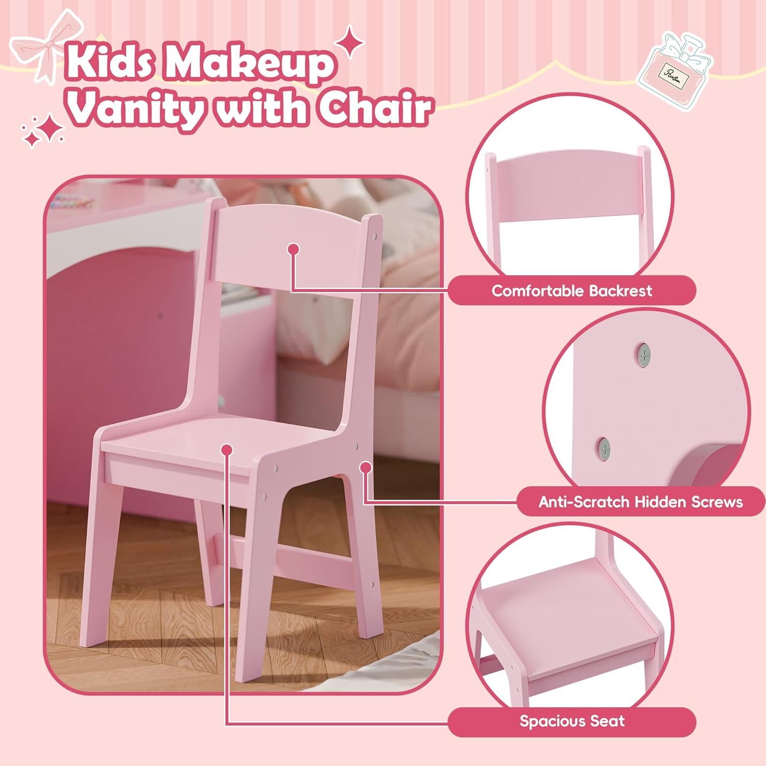 MU Kids Vanity with Lights, Princess Makeup Vanity Desk with Open Bookshelf, Storage Cabinet & Shelves, 2 in 1 Toddler Vanity Table & Chair Set with Lighted Mirror for Little Girls, Pink