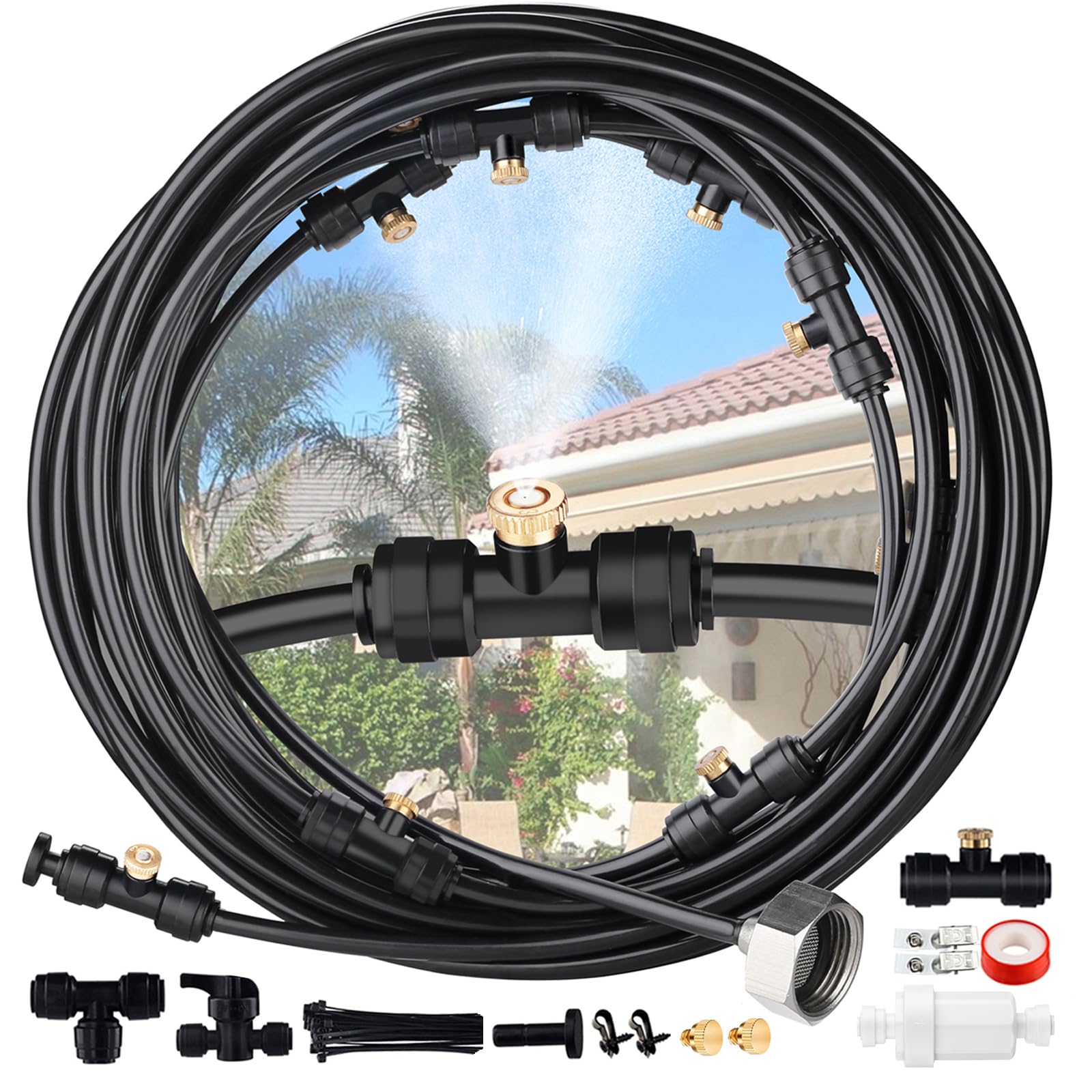 Misters for Outside Patio 30ft - LOHASV9 Misting System with Water Filter Pre-Assembled 30 FT 9M Misting Line Brass Mist Nozzles Adapter(3/4") Outdoor Misters for Patio Cooling Garden Greenhouse