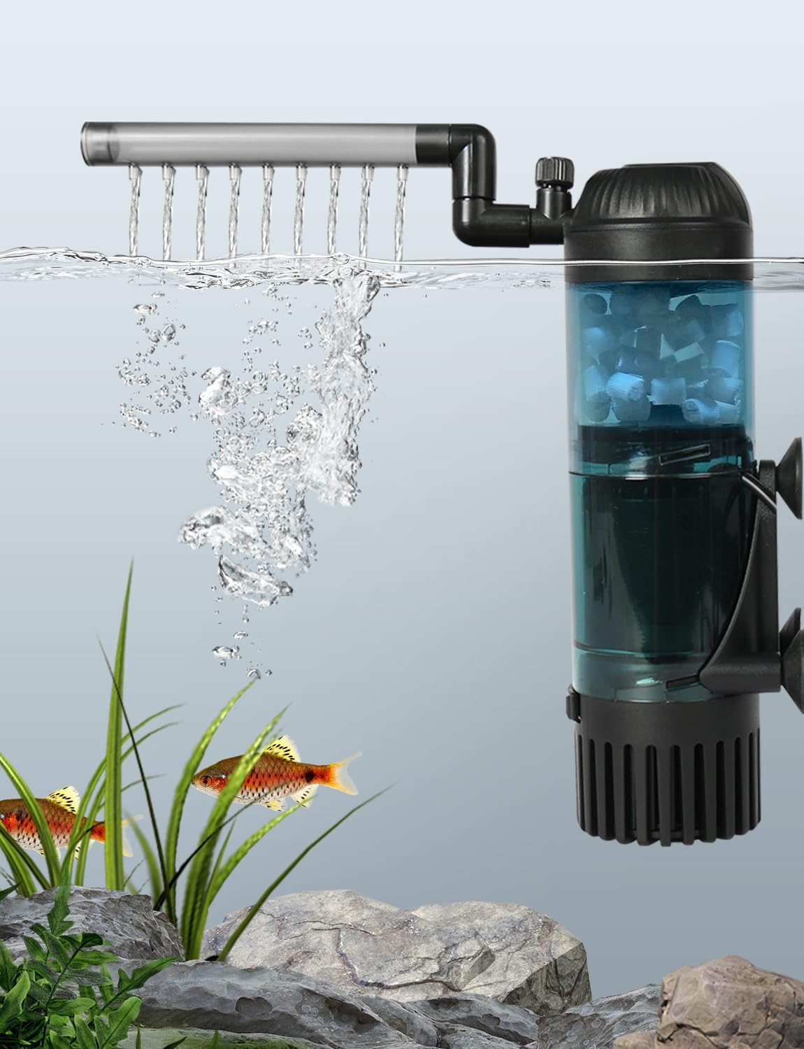 UPETTOOLS Aquarium Filter Fish Tank Filter with Fluid Bed Sponge Filter Multiple Function Ultra-Silent Filter 5-20 Gallon
