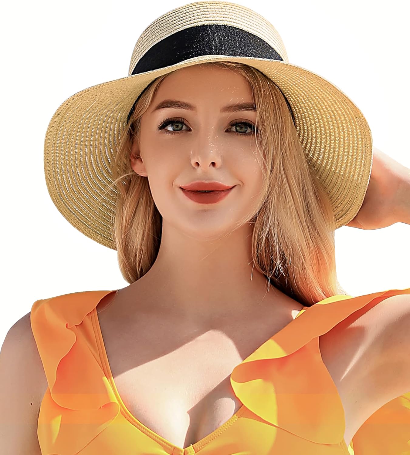 Beach Sun Straw Hats for Women, UPF 50+ UV Sun Protection Wide Brim Summer Straw Hat Foldable Packable Roll up Cap
