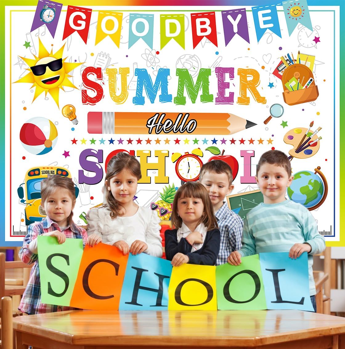 Goodbye Summer Hello School Backdrop 7x5FT Welcome Back to School Banner Background for Classroom Teachers Students First Day of School Party Decorations Photo Props