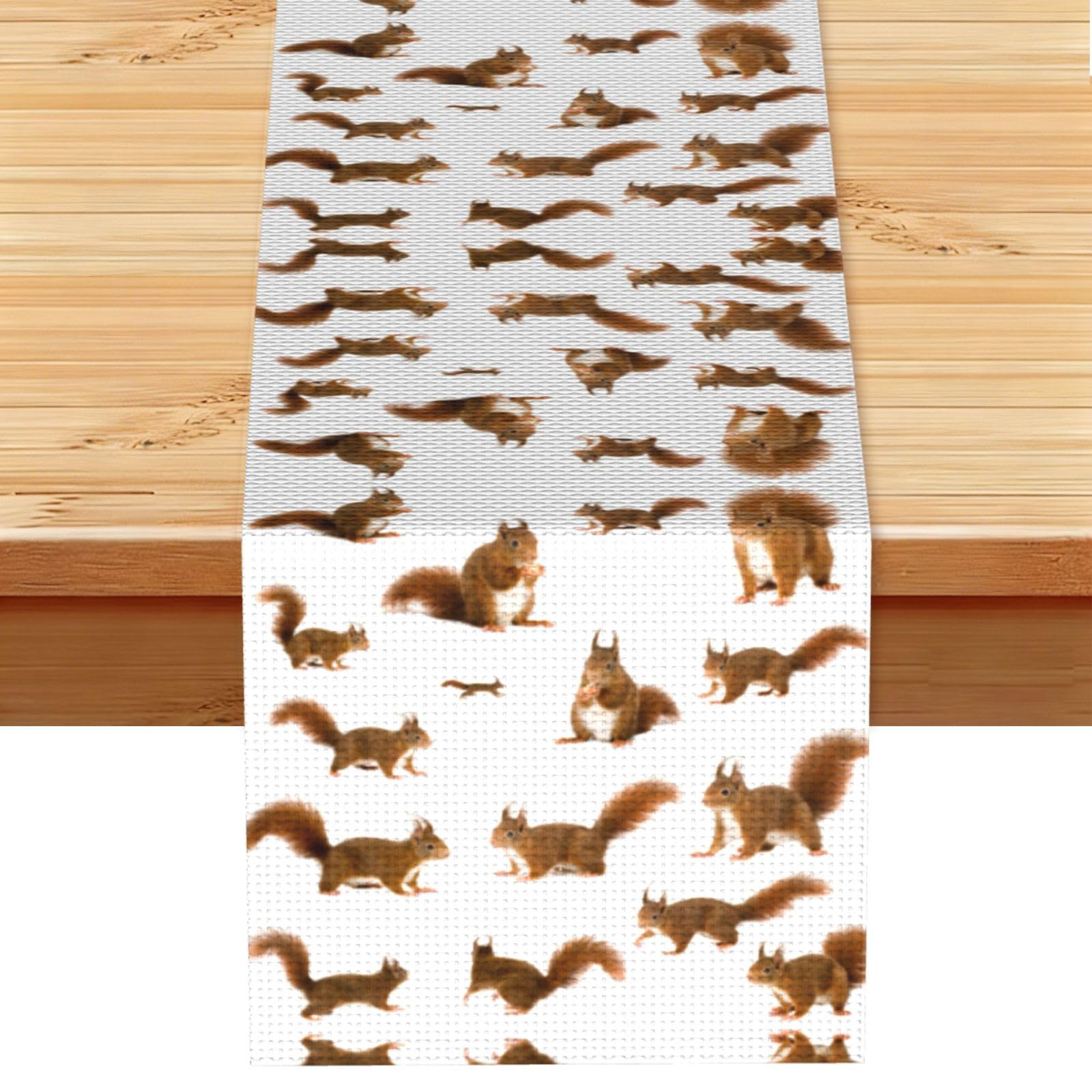 Cute Squirrel Printed Dining Table Runner 13x72 Inch, Non-Fading Decor for Kitchen Dresser Fireplace Mantel