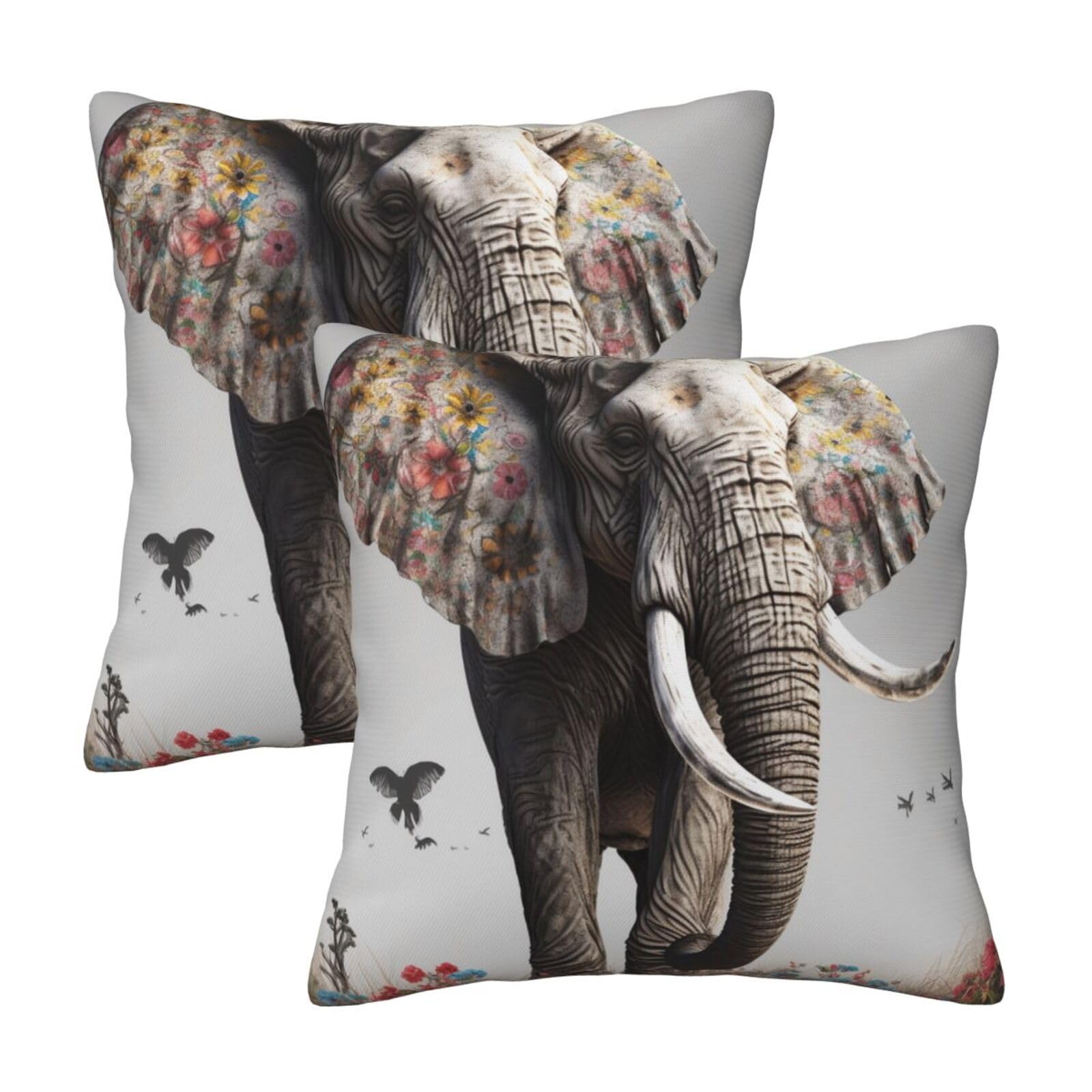 Colorful Elephant Throw Pillow Cases 2 Pack Square Pillowcases Soft Pillow Protectors for Couch Livingroom Sofa Bed Office Car,30x30 CM