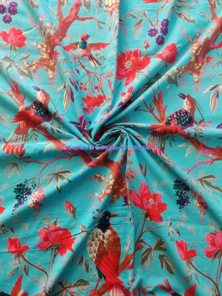 Running Sewing Cotton Beautiful Cotton Floral Loose Natural Unique Boho Jaipuri Kurti Decorative Art Treditional Indian Sanganeri Vintage Ethnic Bird Print Fabric by Yards (Turquoise, 10 Yard)