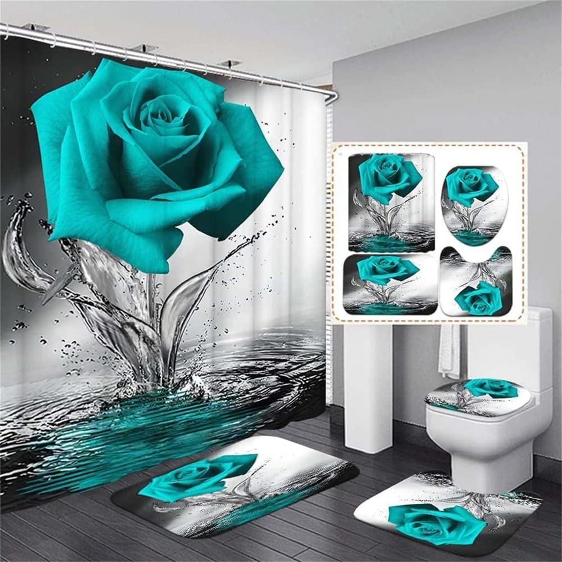 Amazon.com: Teal Rose Bathroom Sets with Shower Curtain and Rugs Water ...