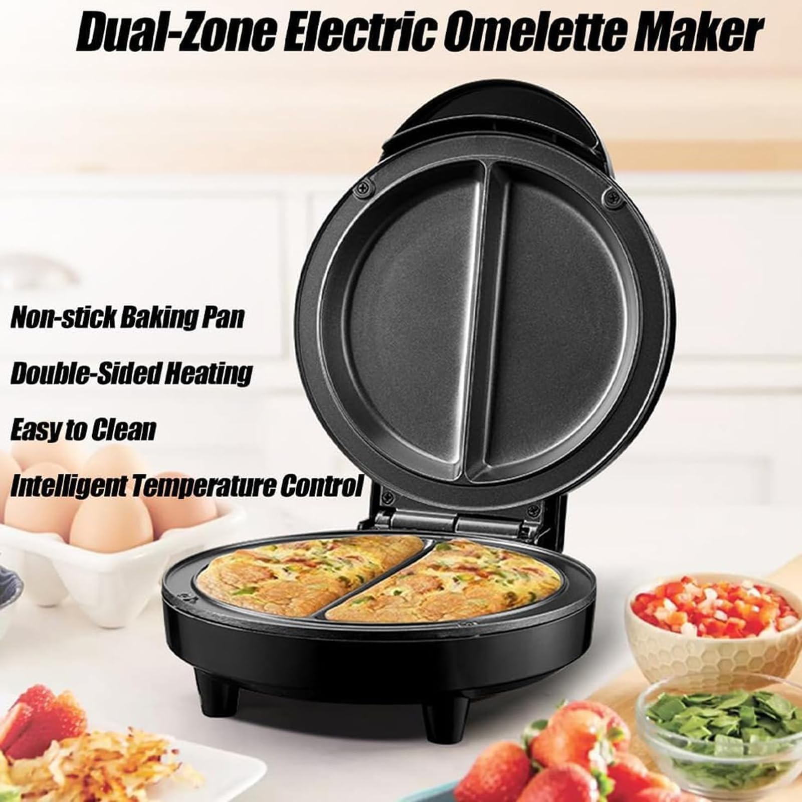 Dwustrefowa elektryczna maszynka do omletów, elektryczna maszynka do omletów, szybka dwustronna kuchenka do jajek o mocy 1000 W z łatwą do czyszczenia podstawą antypoślizgową, uchwytem zapobiegającym
