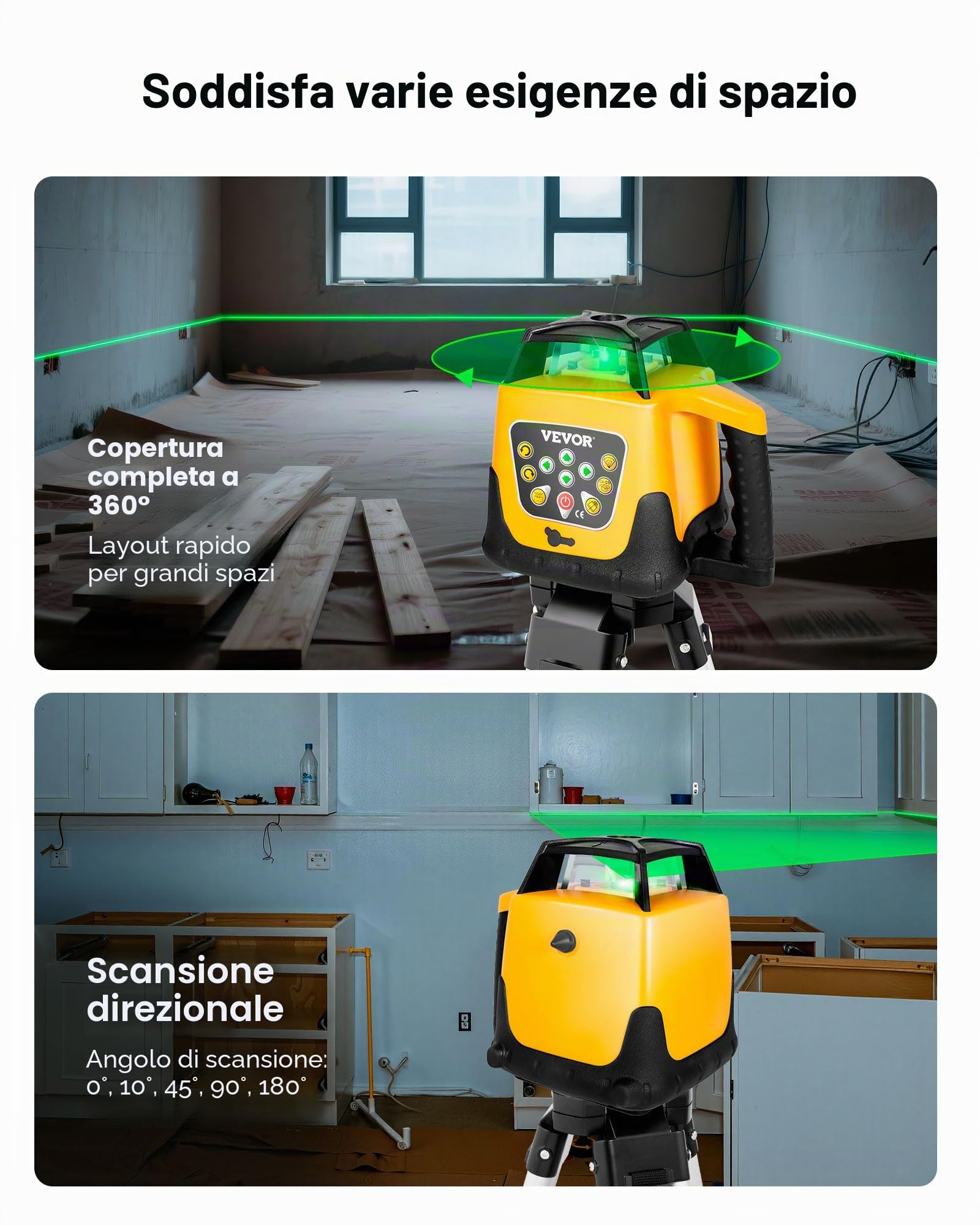 VEVOR Kit Livella Laser Rotante Raggio Verde Portata 500 m, Autolivellante, Angolo di Scansione Flessibile, Rotazione 360 Gradi, Scatola da Trasporto, Impermeabile IP54, Ricevitore Telecomando