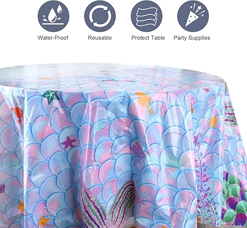 Miniatura 4 de Mantel redondo para baby shower, 3 piezas, mantel redondo para baby shower, fundas de mesa de decoración de fiesta de sirena, cubierta de mesa