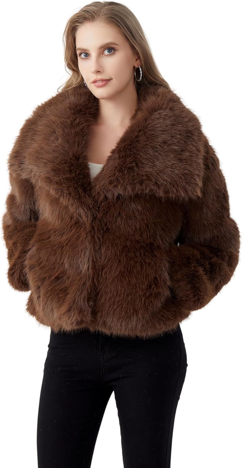 GRAN ORIENTE Womens Faux Fur Coats 2025 Winter Trendy,Winter Fuzzy Large Turndown Lapel Fluffy Cropped Jacket Outerwear - Image 4