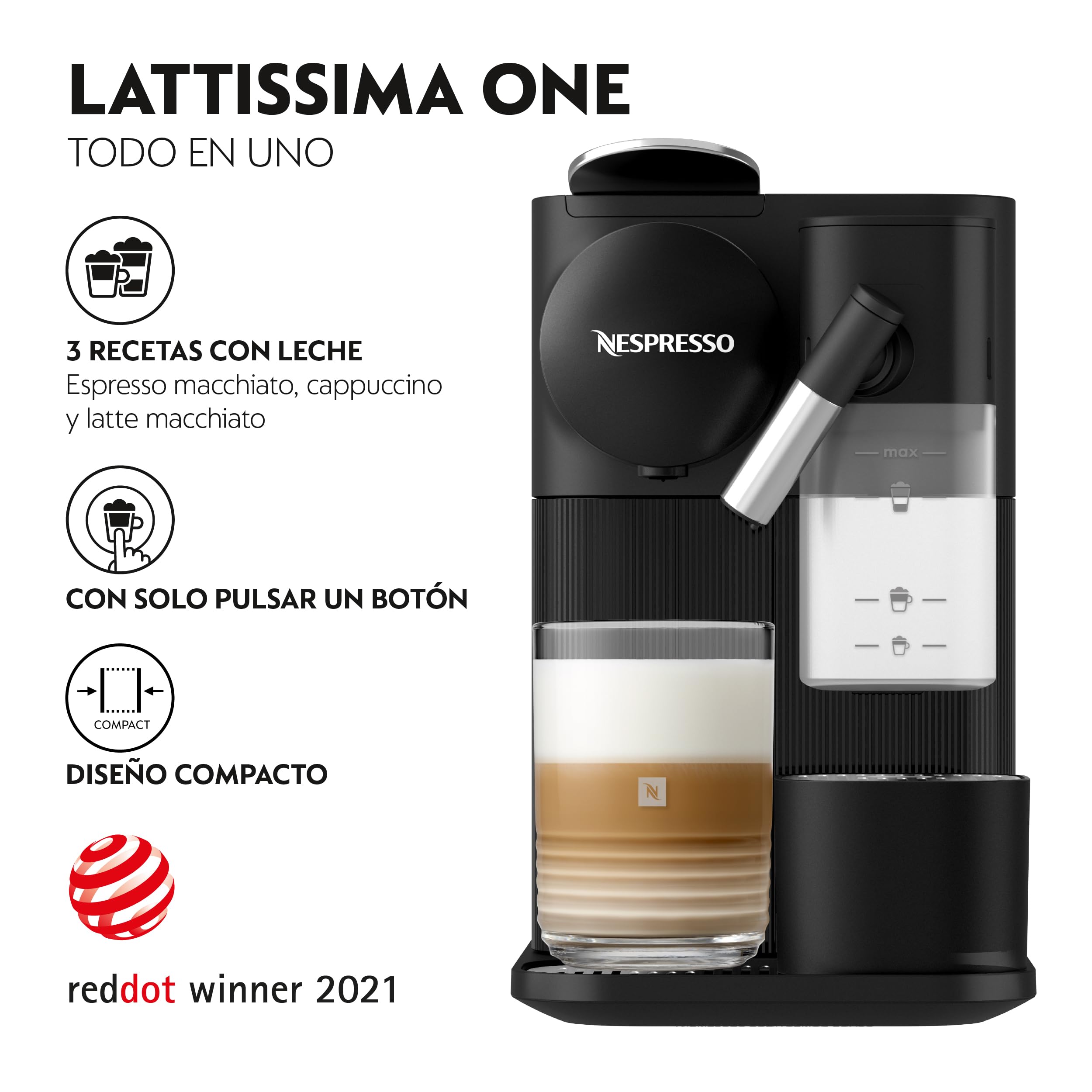 Nespresso Lattissima One Evo, Máquina de Café en Cápsulas de un Solo Uso, Espumador de Leche Automático, Cappuccino y Latte, EN510.B, 1450W, Negro | Cafetera con sistema de leche automático, operación de un solo toque, diseño compacto, automático. Apagado