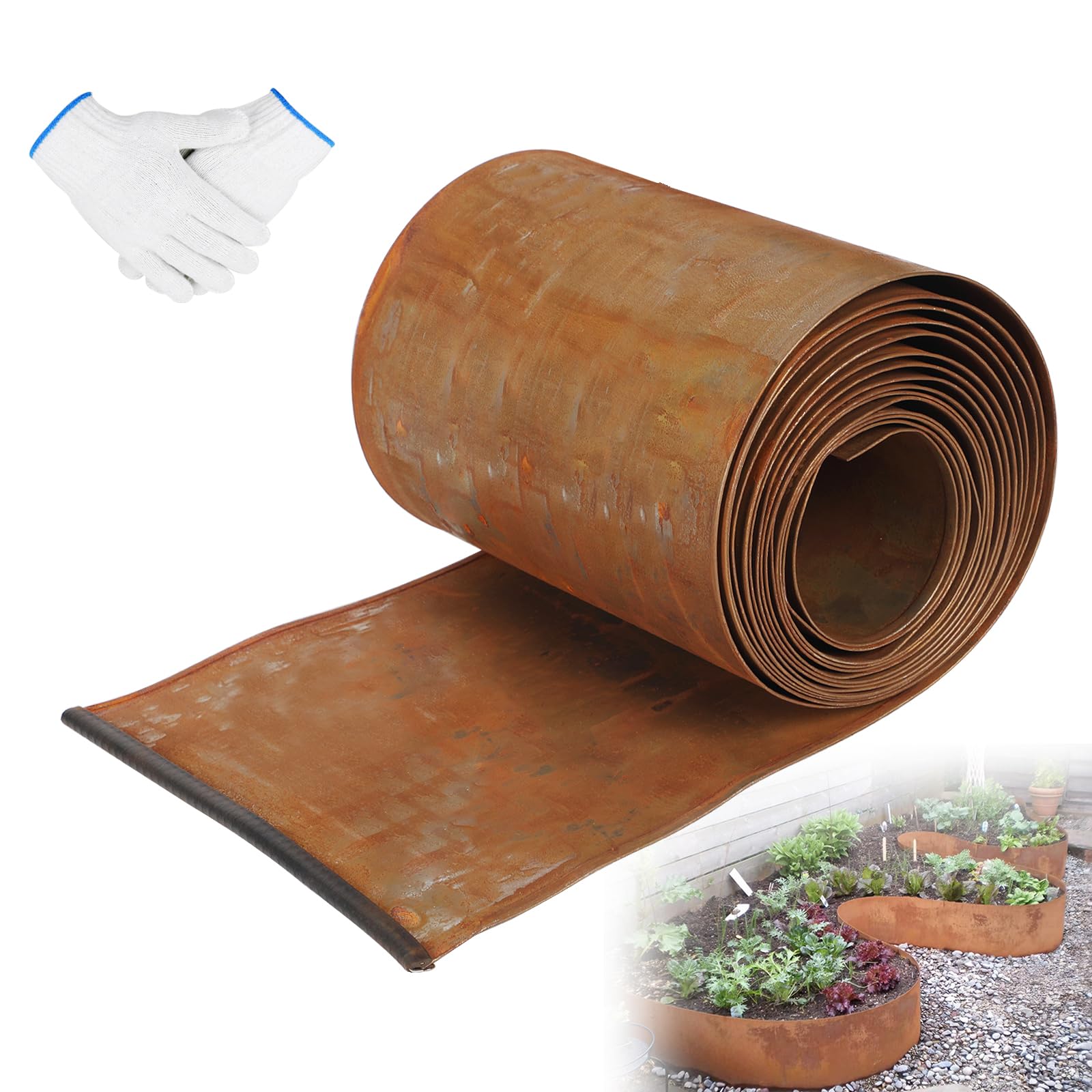 Krawędź trawnika ze stali kortenowskiej 5 m x 20 cm, obramowanie rabatki z metalu o wyglądzie rdzy, elastyczna taśma do obrzeży trawnika, w zestawie 1 para rękawiczek, do zawężania rabatek, ścieżek