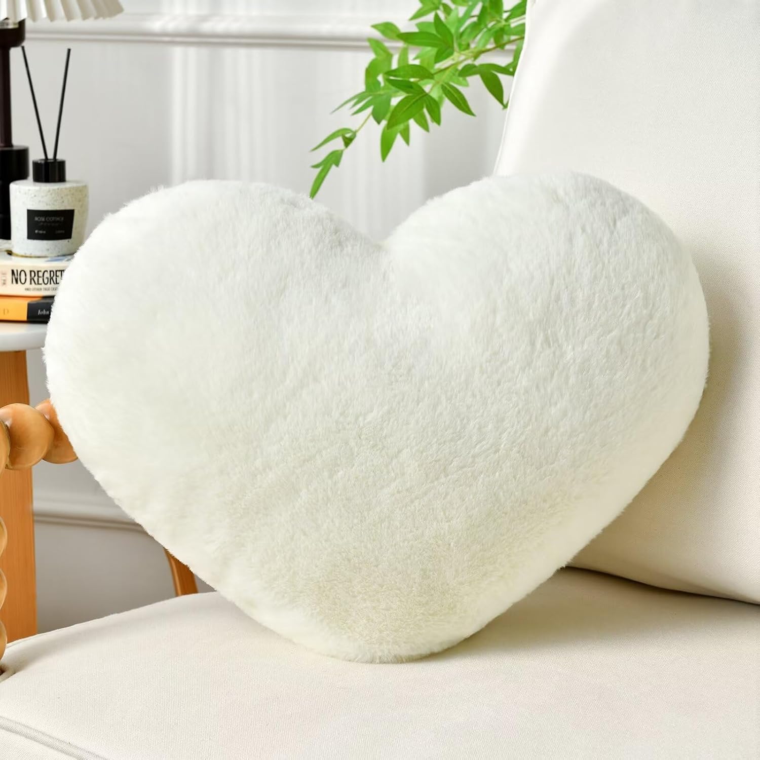 Heart Pillow White Throw Pillows Decorative Pillows for Bed Couch Cute Faux Rabbit Fur Small Pillow for Women Valentine Anniversary Fall Halloween Christmas Home Decor (Medium, 20"x15")