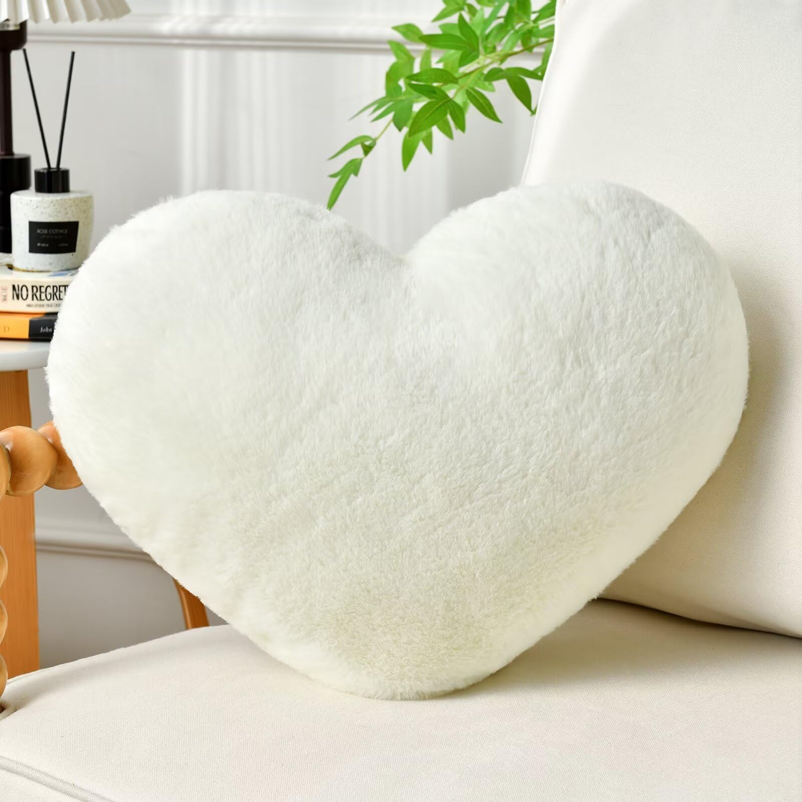 IREMATE Heart Pillow White Throw Pillows Decorative Pillows for Bed Couch Cute Faux Rabbit Fur Small Pillow for Women Valentine Anniversary Fall