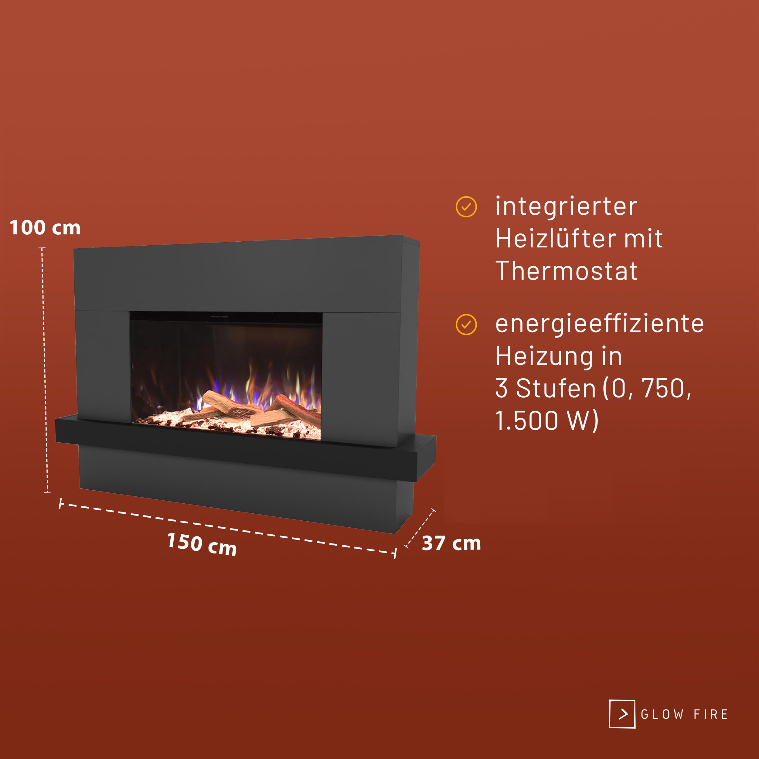GLOW FIRE Stufa a camino PR9 con fiamme LED 3D E-Motion realistiche - Caminetto elettrico da terra con riscaldamento, fuoco da camino, timer, max 1500 W, 150x100x37 cm, Grigio