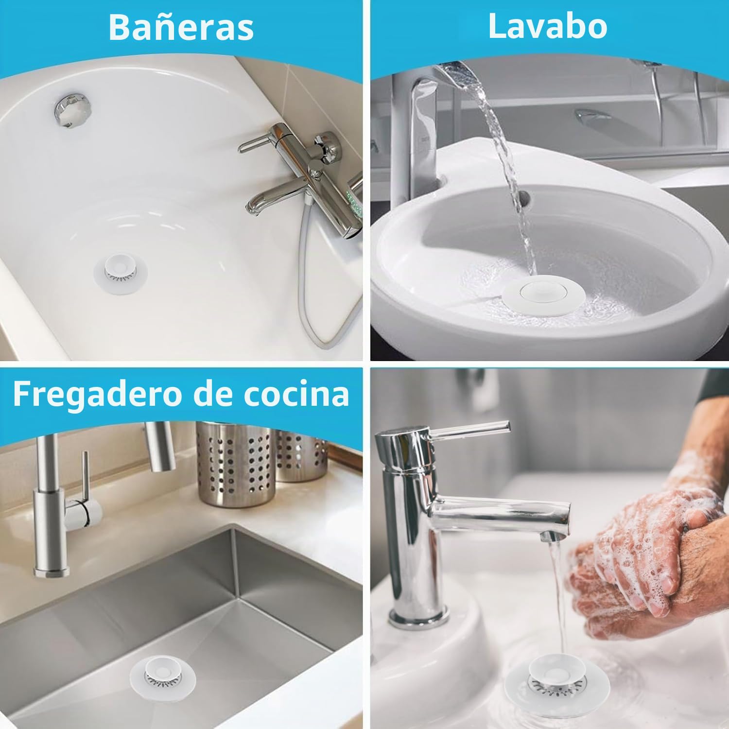 HUAERSICO Tapón de Drenaje Universal 3 Piezas - Suave Tapon Bañera Silicona - Tapón de Lavabo Universal a Presión con Filtro de Comida y Pelo para Lavabos, Fregaderos y Bañeras