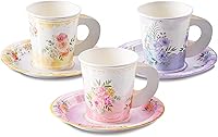 HOMIX 24 Floral Paper Tea Cups & Saucers Set, 7oz Disposable Hot/Cold Drink Cups Plates for Tea Parties, Birthdays, Showers