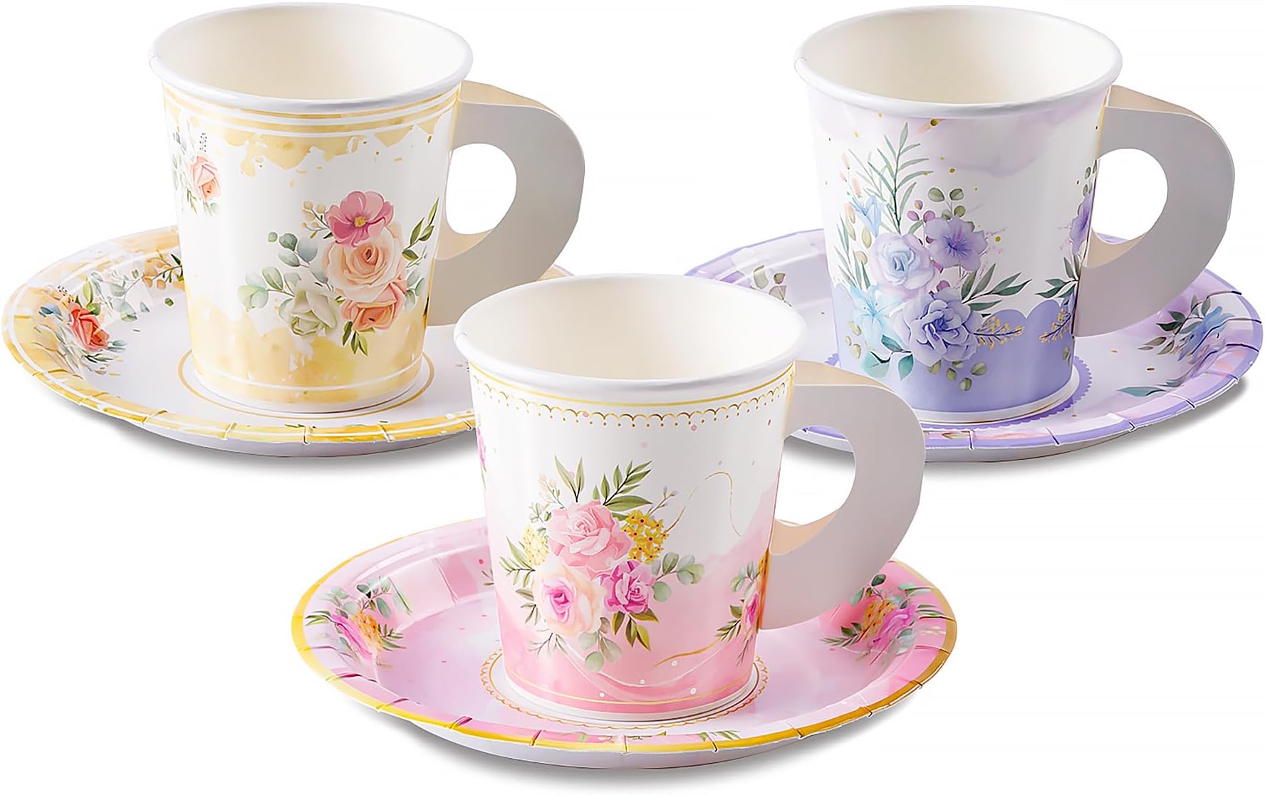 HOMIX 24 Paper Tea Cups and Plates, 7 OZ Disposable Paper Teacups and Saucer Sets for Hot and Cold Drinks for Birthday, Princess, Floral, Tea Party Decorations