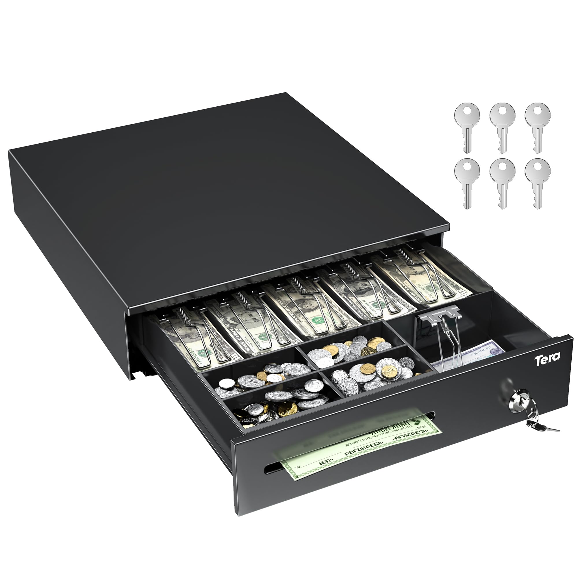 Tera 16" Cash Register Drawer for Point of Sale POS System with 6 Bill 4 Coin Cash Tray 6 Keys Auto Open Removable Coin Compartment Key-Lock 24V RJ12 Interface Media Slot for Small Business 4042G