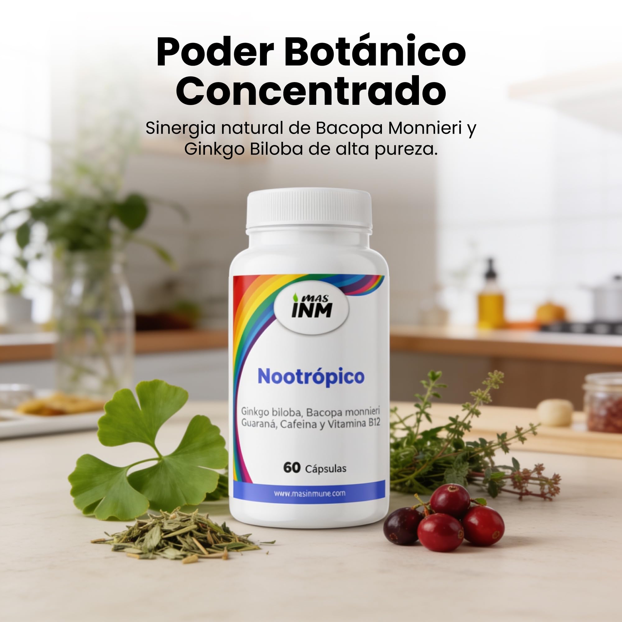 Nootrópico Natural con Ginkgo Biloba y Bacopa Monnieri – 60 Cápsulas – con Guaraná, Cafeína y Vitamina B12 – Pastillas Memoria y Concentración, Apoya el Sistema Nervioso - Sin aditivos