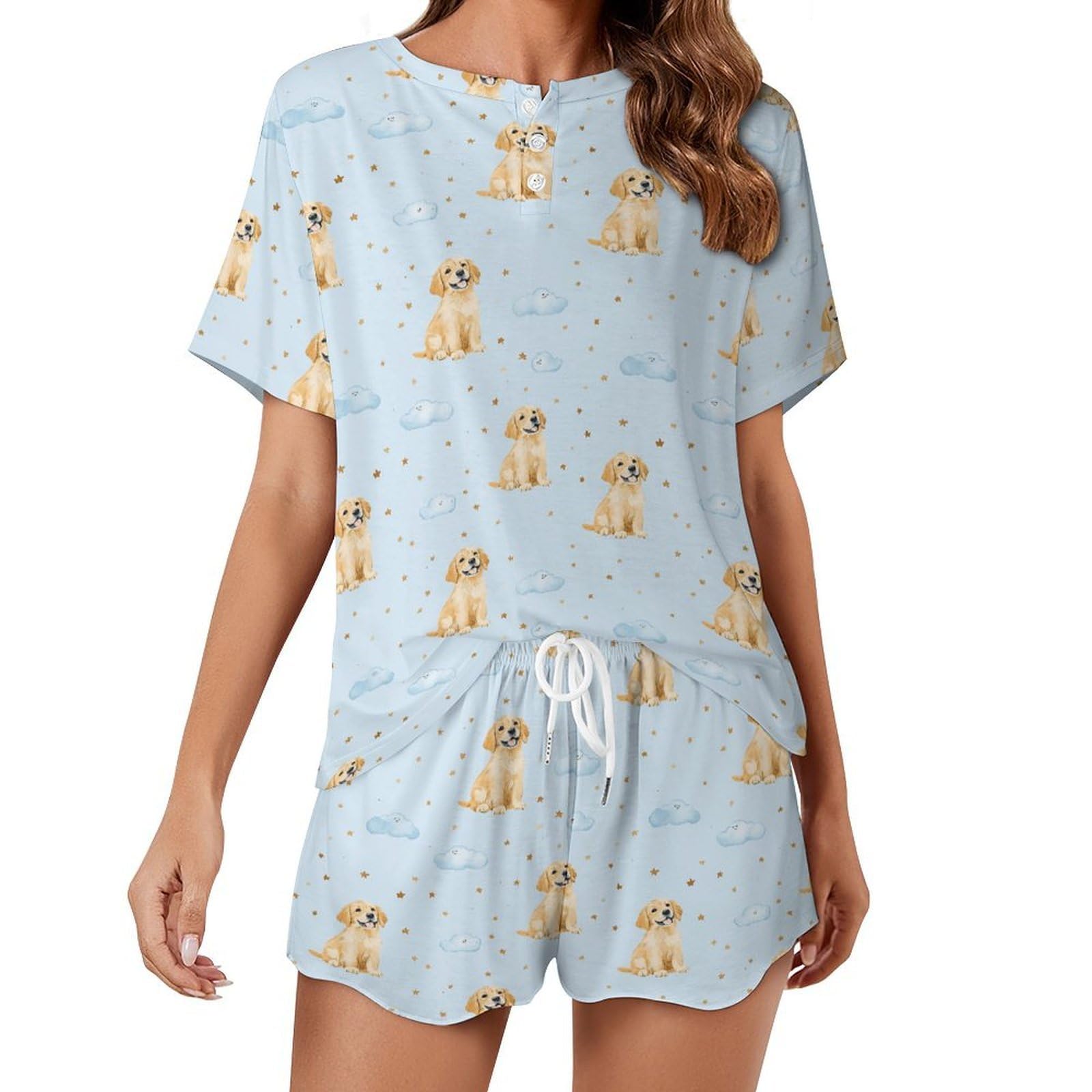 Peiyeety Women's Seated Golden Retriever Puppies Pj Sets For Woman Short Sleeve Pajamas For Set Shorts 2 Piece Sleepwear