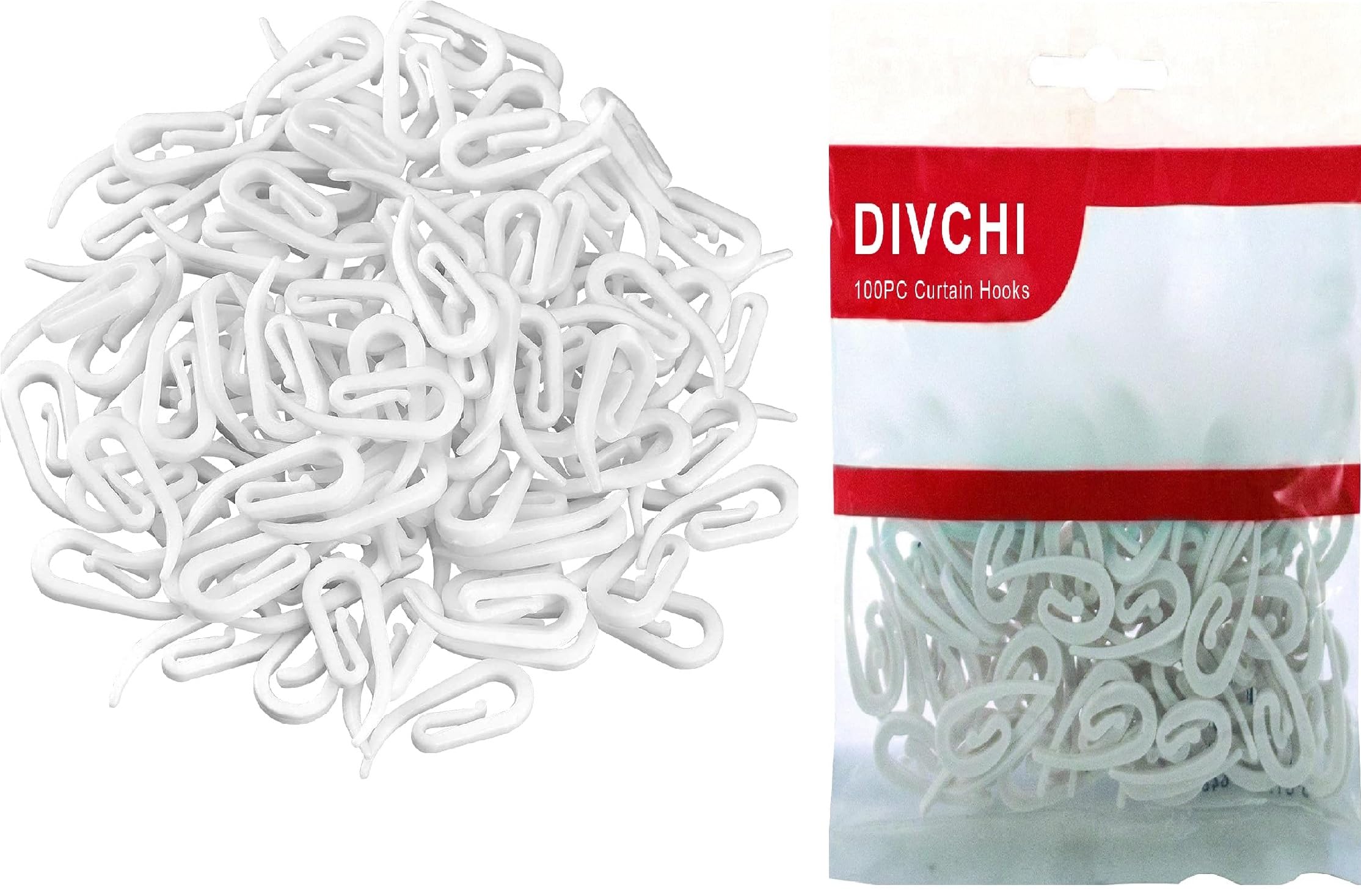 DIVCHI 100 Pack Curtain Hooks Plastic White – Premium & Heavy Duty Drapery Hooks - Ideal for Windows, Doors & Shower Curtains - Fits All Types of Curtains