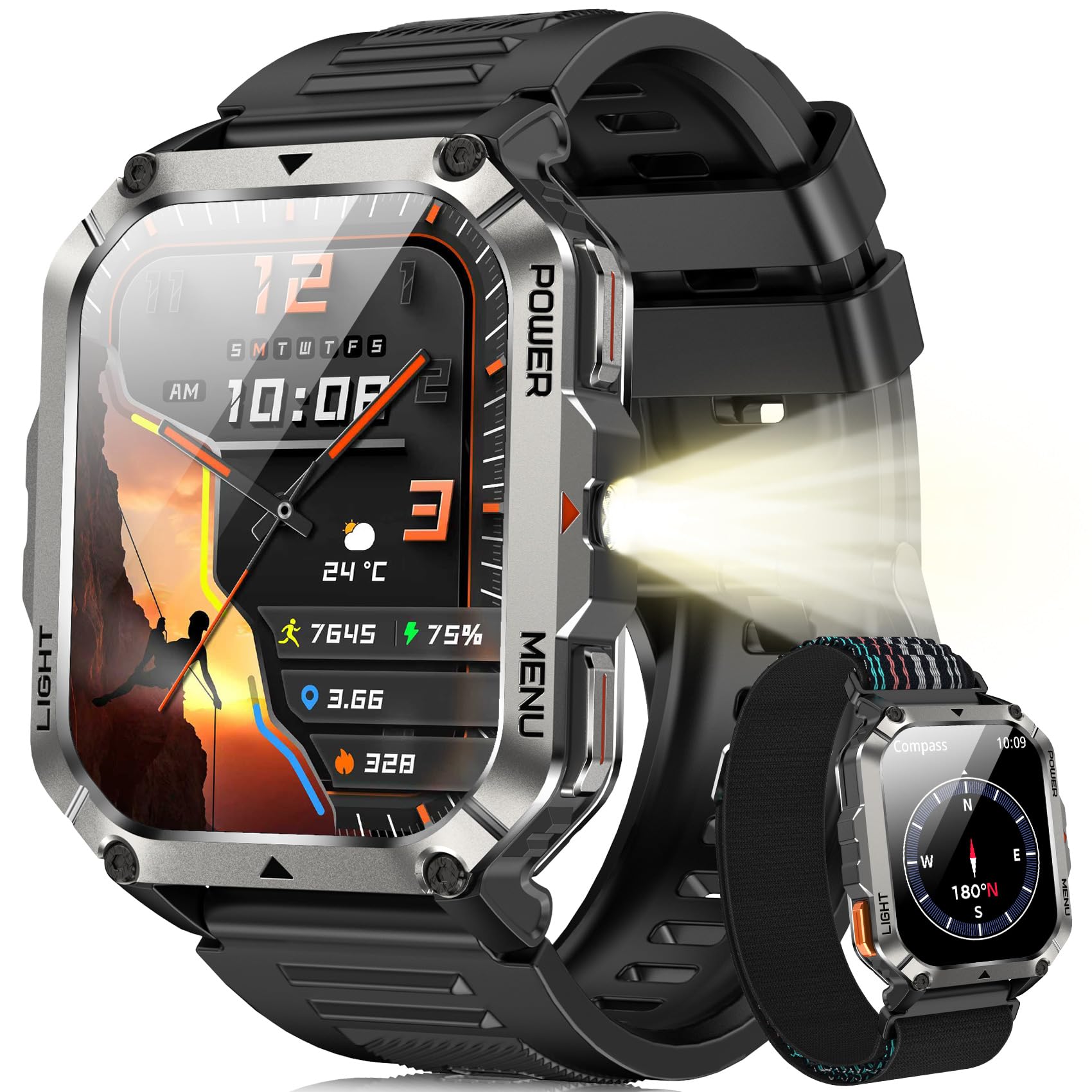 Blackview Montre Connectée Homme avec 100 j Autonomie, Montre Homme Boussole et Lampe Torche, Appels Bluetooth, Smartwatch Surveillance Fréquence Cardiaque et Sommeil, Compatible Android/iOS