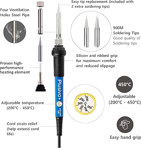 Miniatura 4 de Kit de soldador - Soldador de 60 W Temperatura ajustable, alambre de soldadura, pinzas, mini soporte, puntas de soldador, bomba de desoldadura,