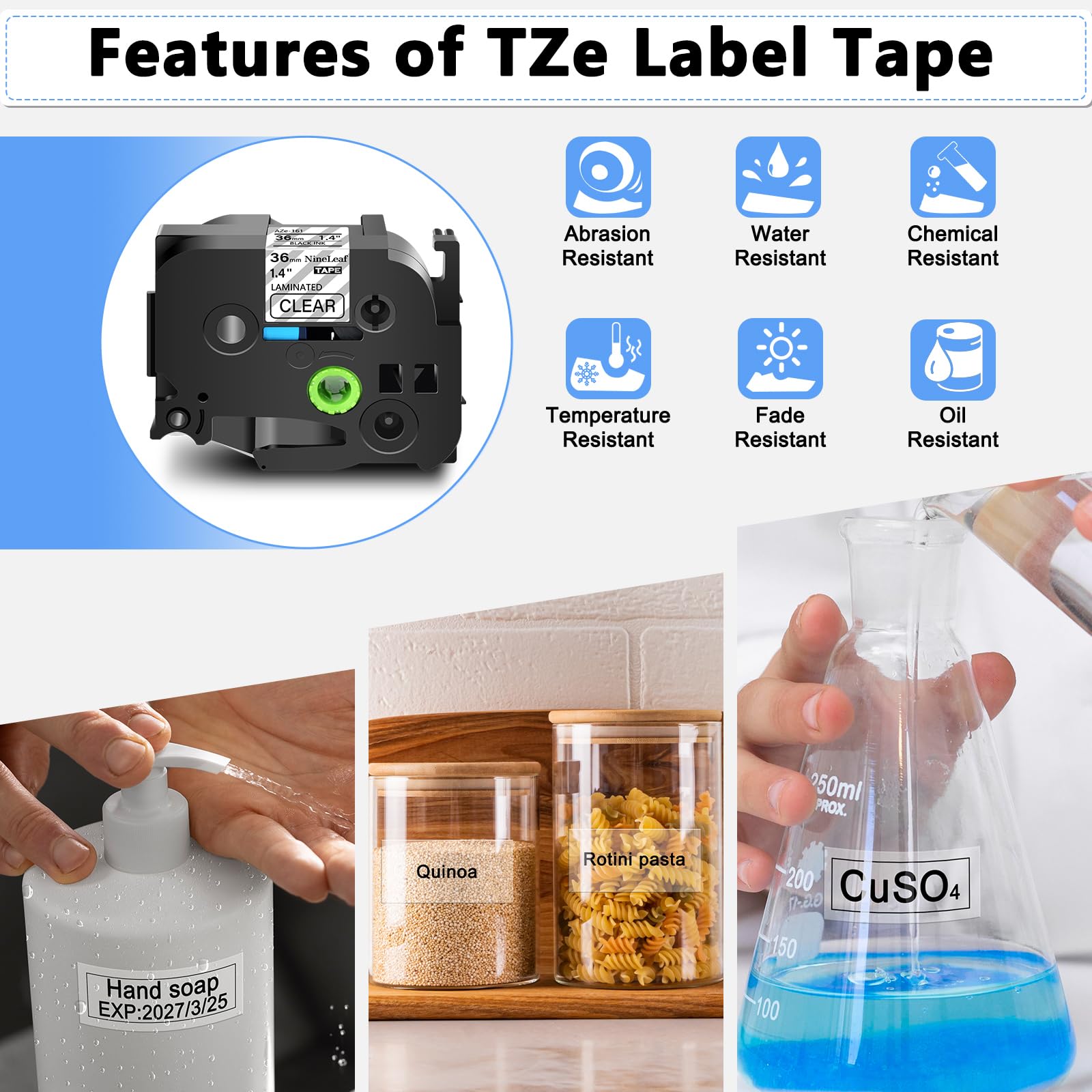 NineLeaf 6 x Ersatz für Brother P-Touch TZe-161 TZ-161 TZe161 TZ161 AZe 36mm 1.4'' Bänder Laminiertes Schwarz auf Transparent Schriftband Kassette für Ptouch PT-9200PC PT-9500PC Beschriftungsgerät