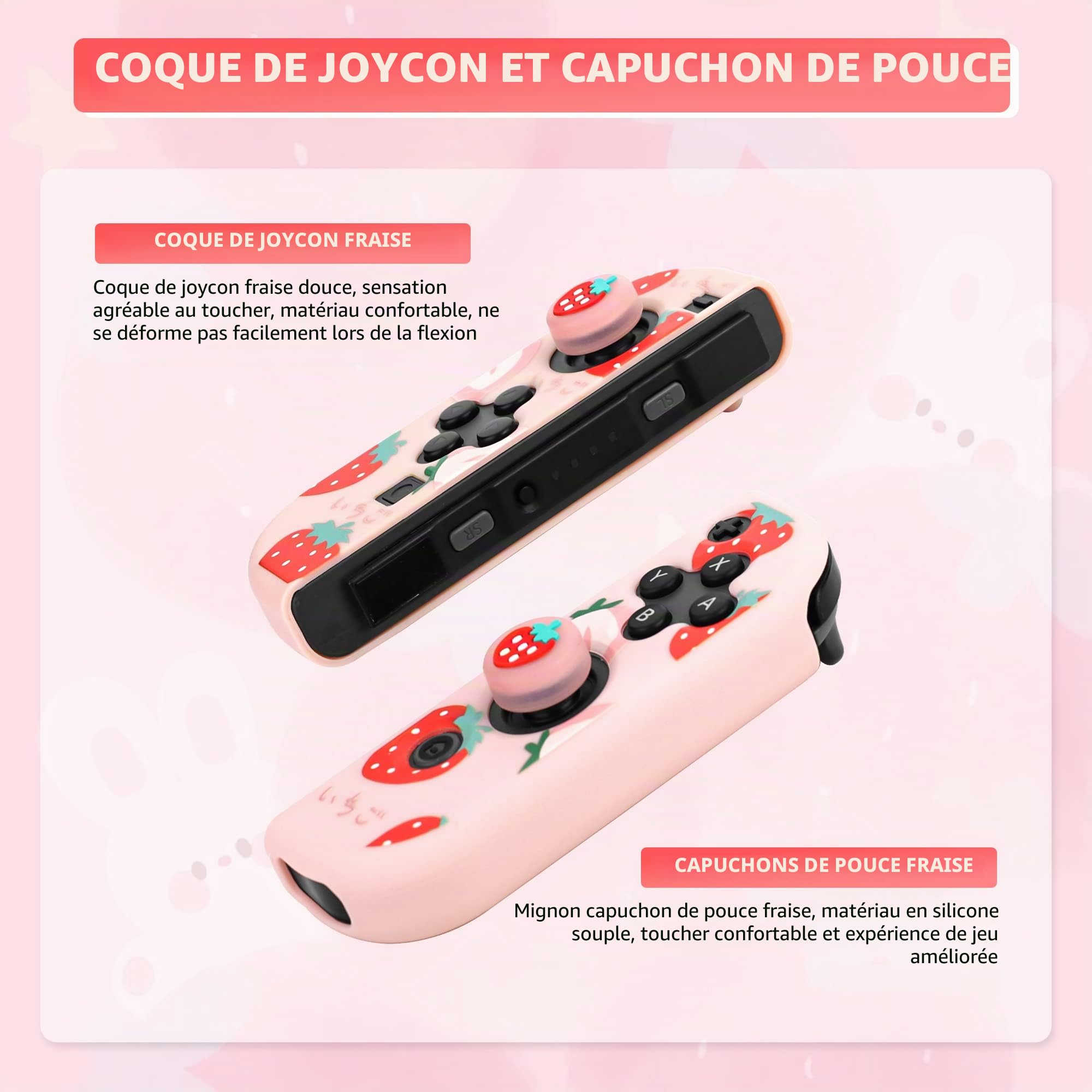 RHOTALL Étui de Transport pour Nintendo Switch et OLED, étui de Voyage Rigide et Portable pour Accessoires Switch avec étui de Jeu, 2 Coques Joy Con, bandoulière et 2 Capuchons de Pouces, Fraise Rose