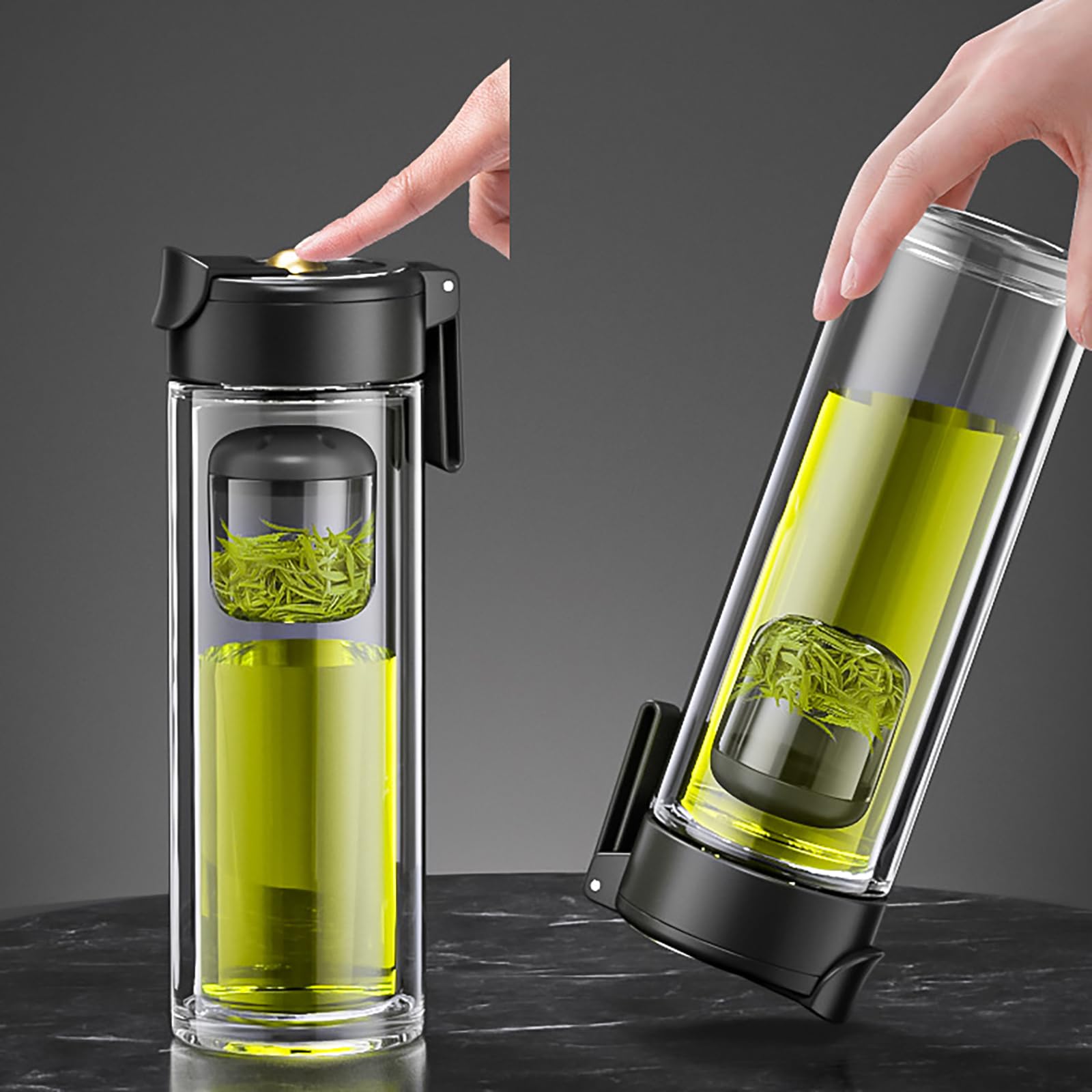 Botella de Té con Tapa Magnética Filtros Separador de Agua Taza para Beber Taza Portátil de Doble Pared de Vidrio Borosilicato Infusor de Té para Té de Hoja Suelta para Bebedores de Té black 360mL