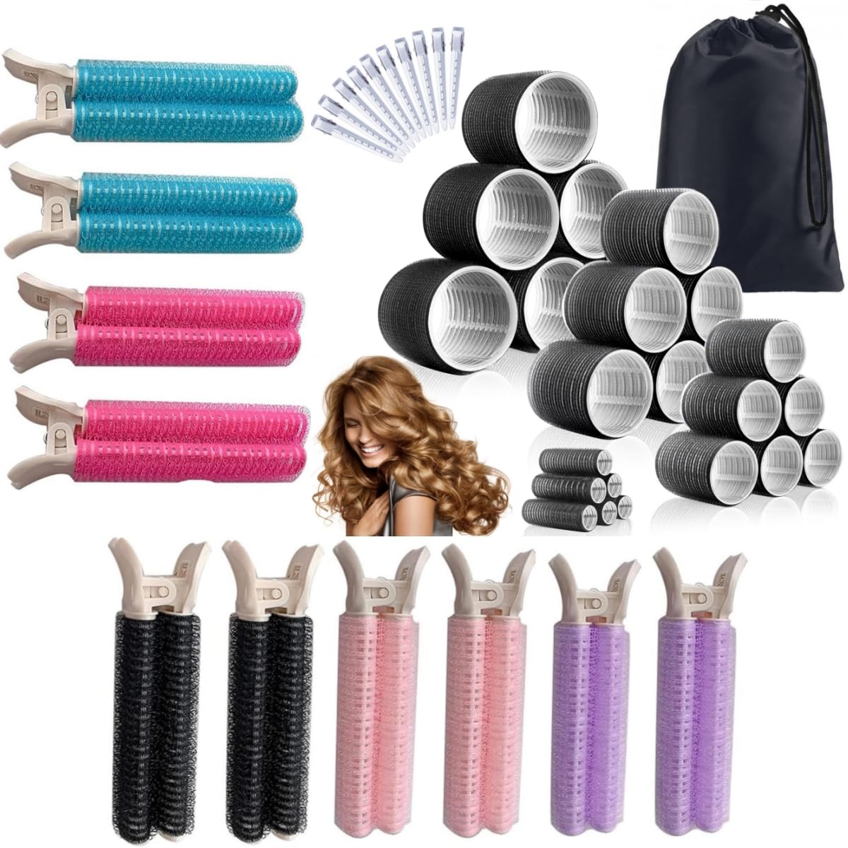 34pcs Self-Grip Volume Hair Roller Set with Various-Sized Rollers, Black Color for All Hair Lengths - 10pcs Volumizing Hair Clips and Root Clips for Fluffy Volume - Instant Hair Volumizer for Women