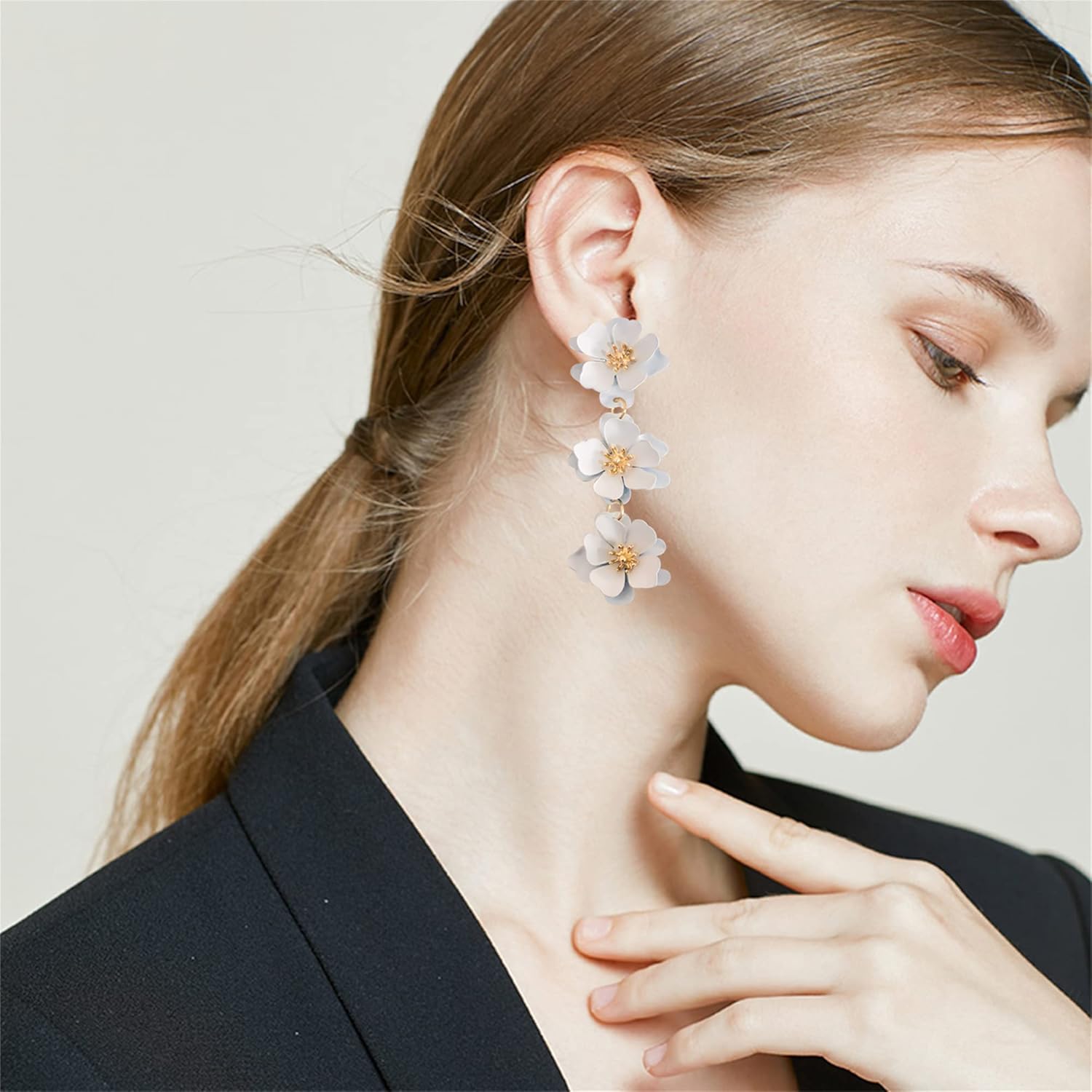 Unique Chic Long Matte Flower Dangle Earrings Cute Bohemian Tiered Triple Floral Drop Stud Earrings Ear Drop for Women Statement Jewelry Gifts Parties Prom - Image 6